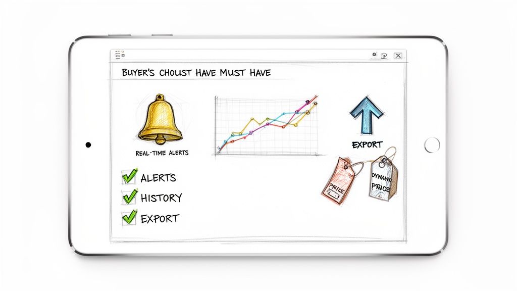 Tablet displaying price tracking software features: real-time alerts, data trends, history, export, and dynamic pricing.