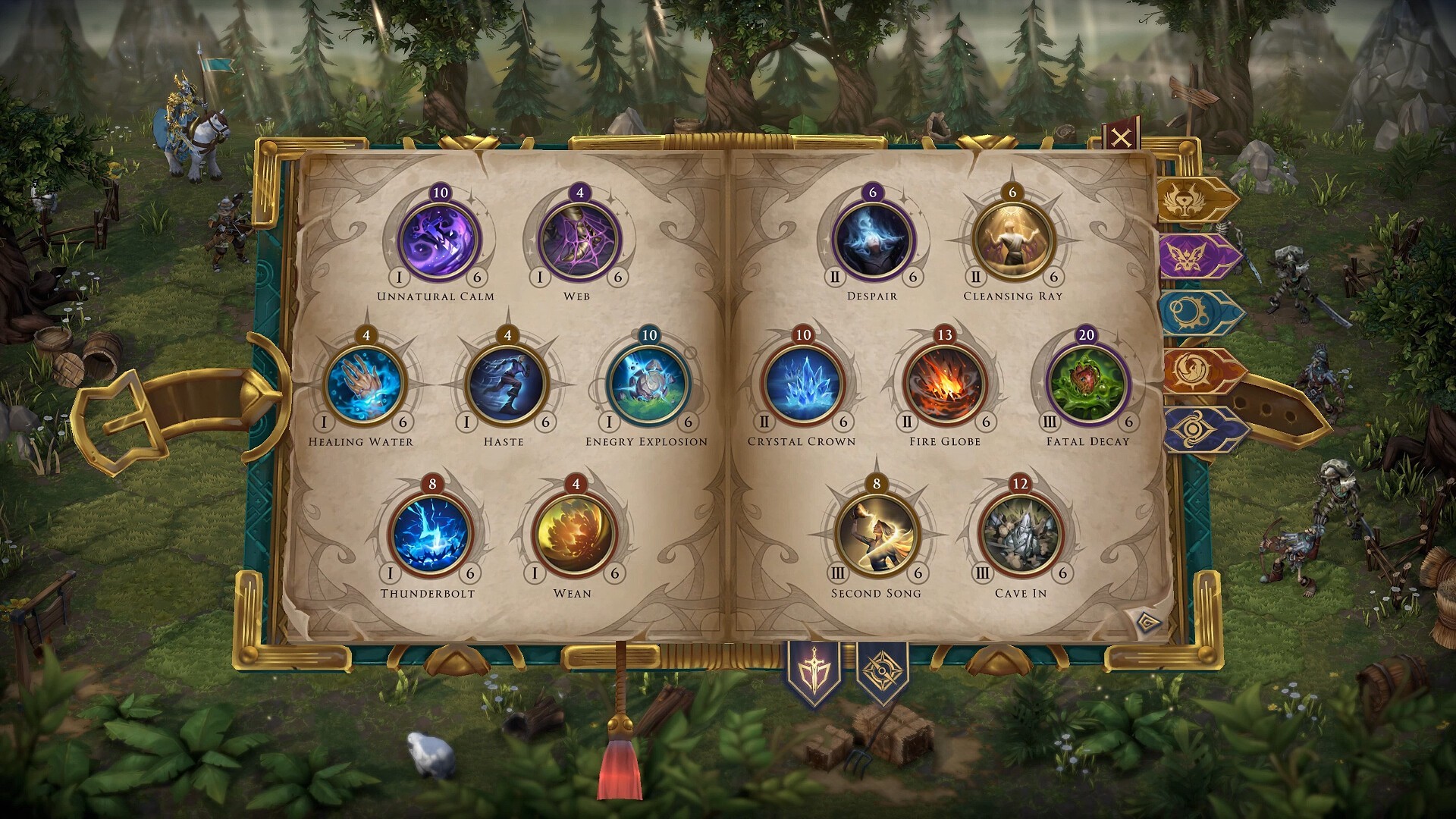 Interface du livre de magie dans Heroes of Might and Magic Olden Era détaillant les sorts de foudre, soin et malédictions.