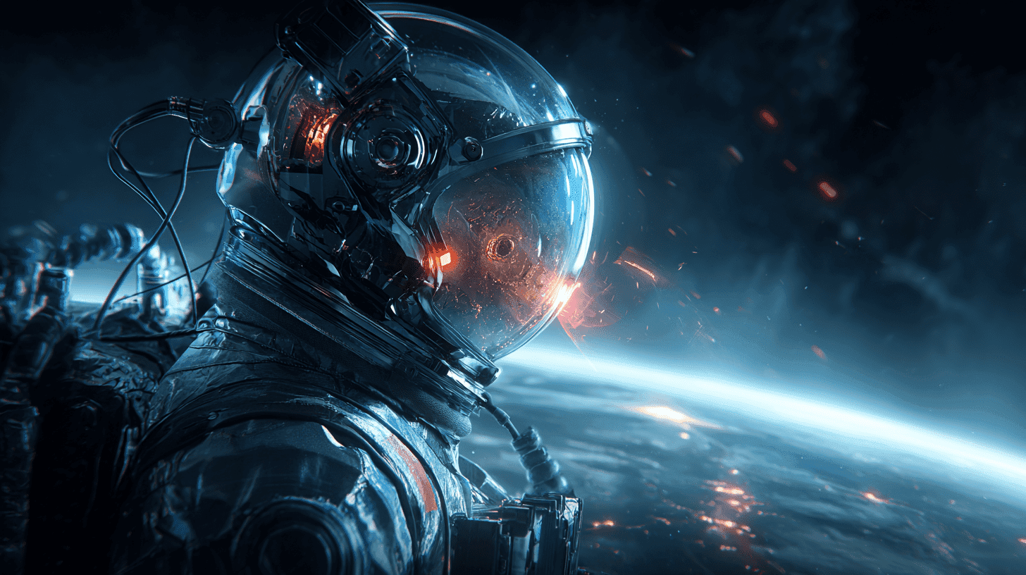 A close-up side view of an astronaut in space, with their helmet visor reflecting the glowing surface of a nearby planet