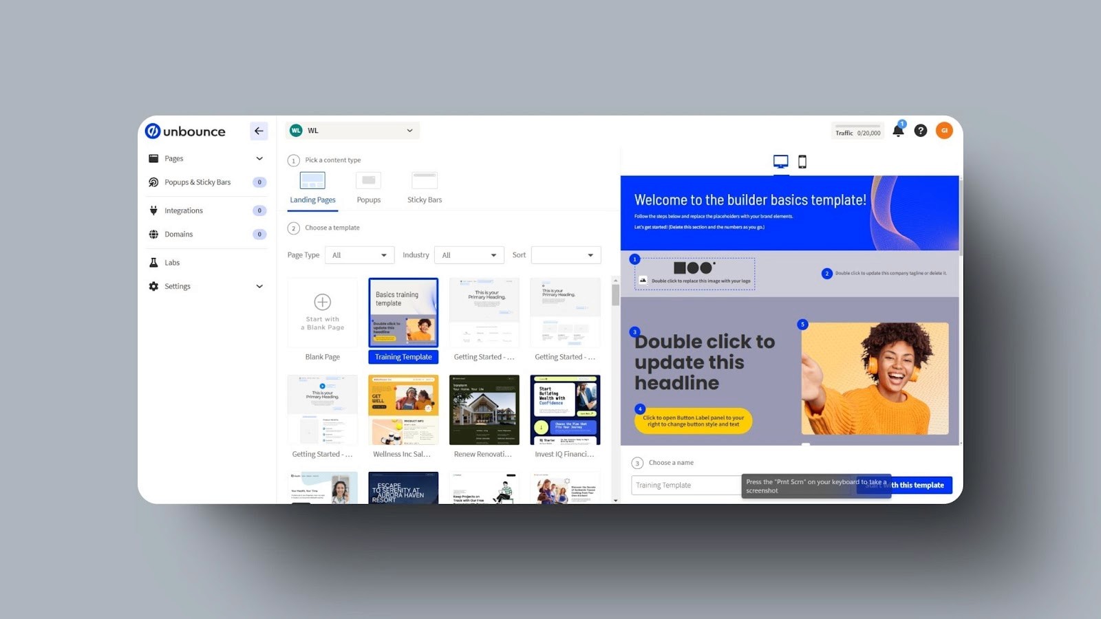 screenshot of Unbounce landing page builder showing various template options with a focus on the basics training template being edited.
