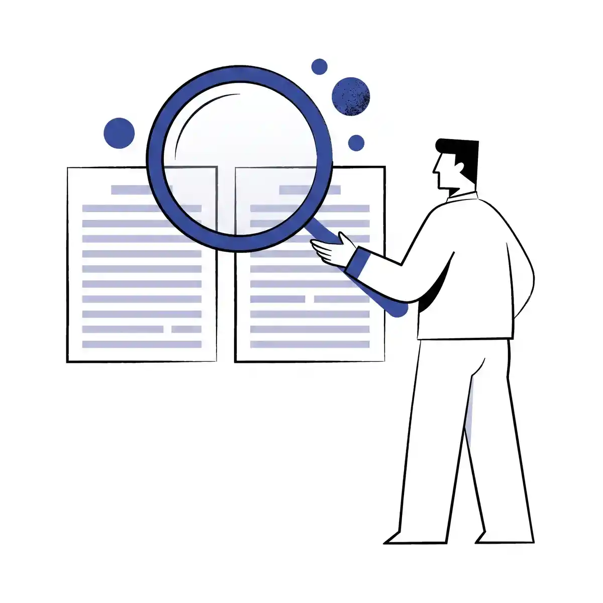 An oversized brand-blue magnifying lens floats over two paper sheets of guest data placed side by side, with three small brand-blue circles marking the rows that have changed between the two versions; a figure on the right gestures toward the comparison.