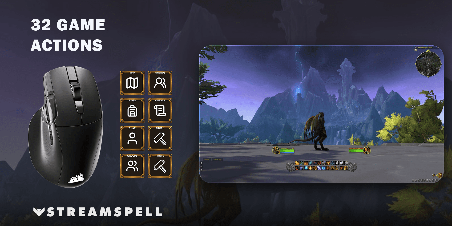 World of Warcraft gameplay beside NIGHTSWORD mouse controls and matching command artwork