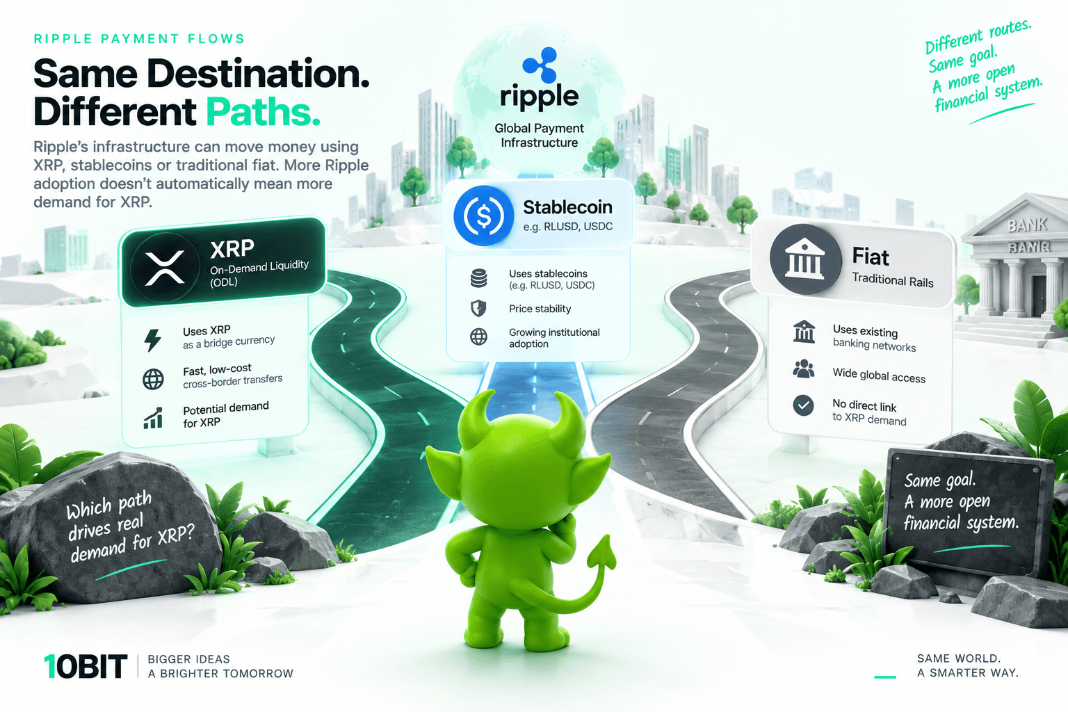 Diagram showing Ripple payment infrastructure using XRP, stablecoins or fiat and why Ripple adoption does not automatically create XRP demand
