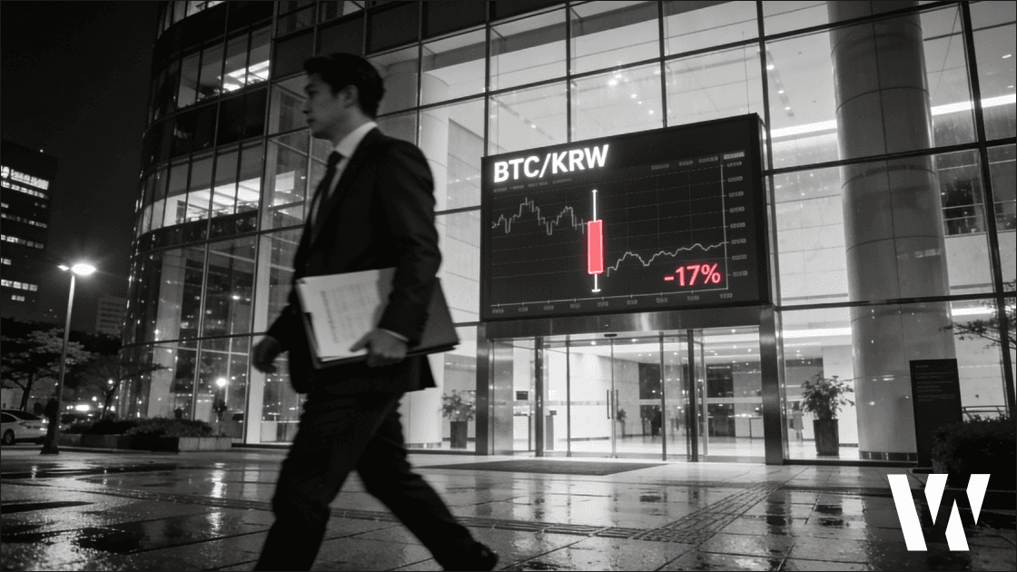 Black and white photo of a modern office building in Seoul's financial district at night, featuring a digital trading screen showing a BTC/KRW price drop of 17% and a regulatory inspection context.