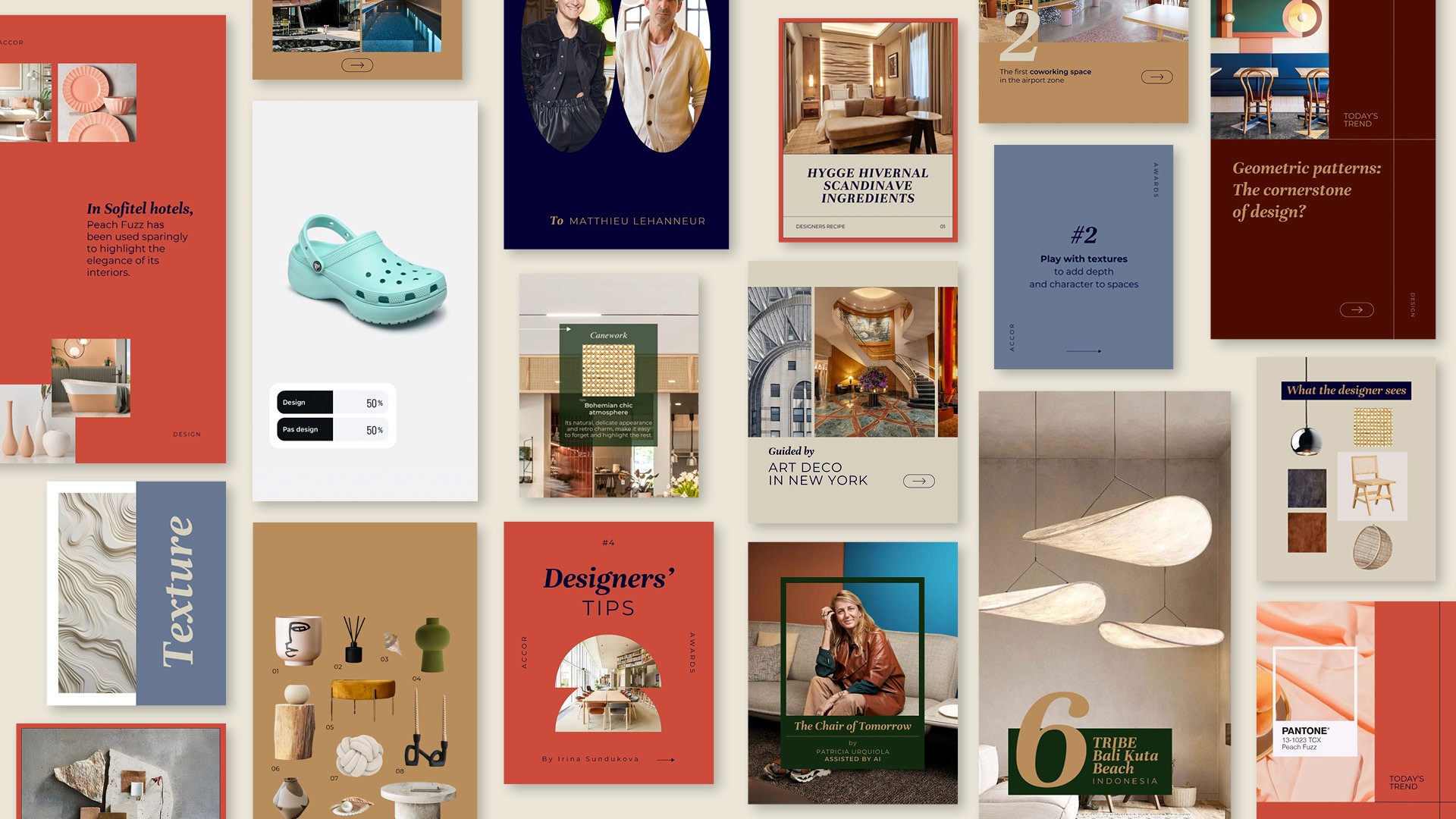 Direction artistique du compte Instagram de Accor Design : maquettes de stories et posts social media présentant des contenus éditoriaux sur le design et l'architecture