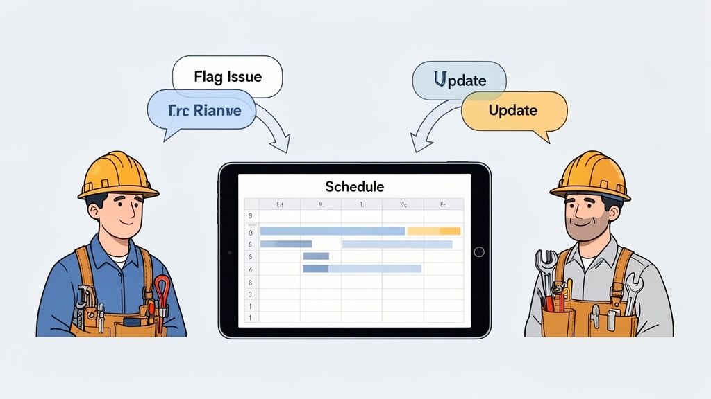 Two construction workers in hard hats collaborate on a digital schedule displayed on a tablet, flagging issues and providing updates.