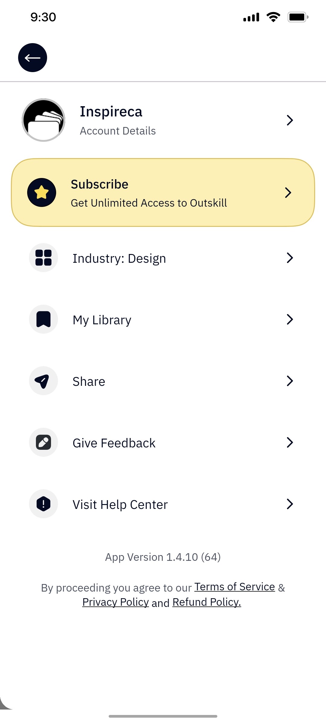 Outskill Profile screen