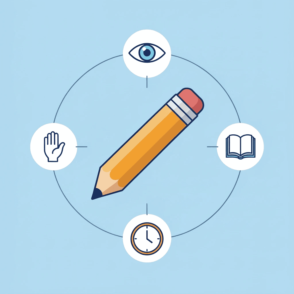 Central hub labeled 'Fine Motor Skills' connected to four surrounding icons representing writing, drawing, hand-eye coordination, and precision tasks