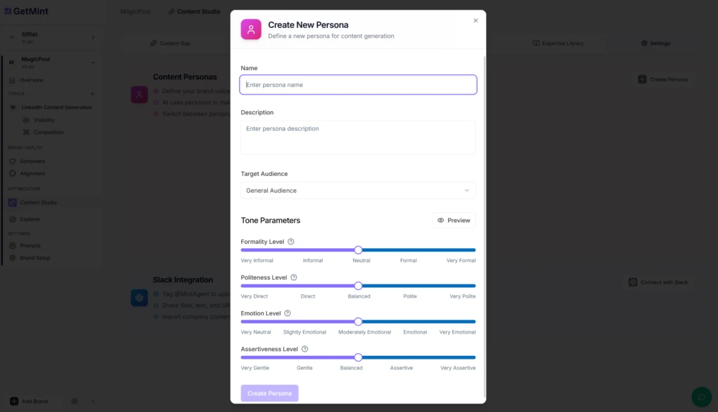 GetMint's unique persona creation tool prompting the user to configure tone, style, and formality, among others.