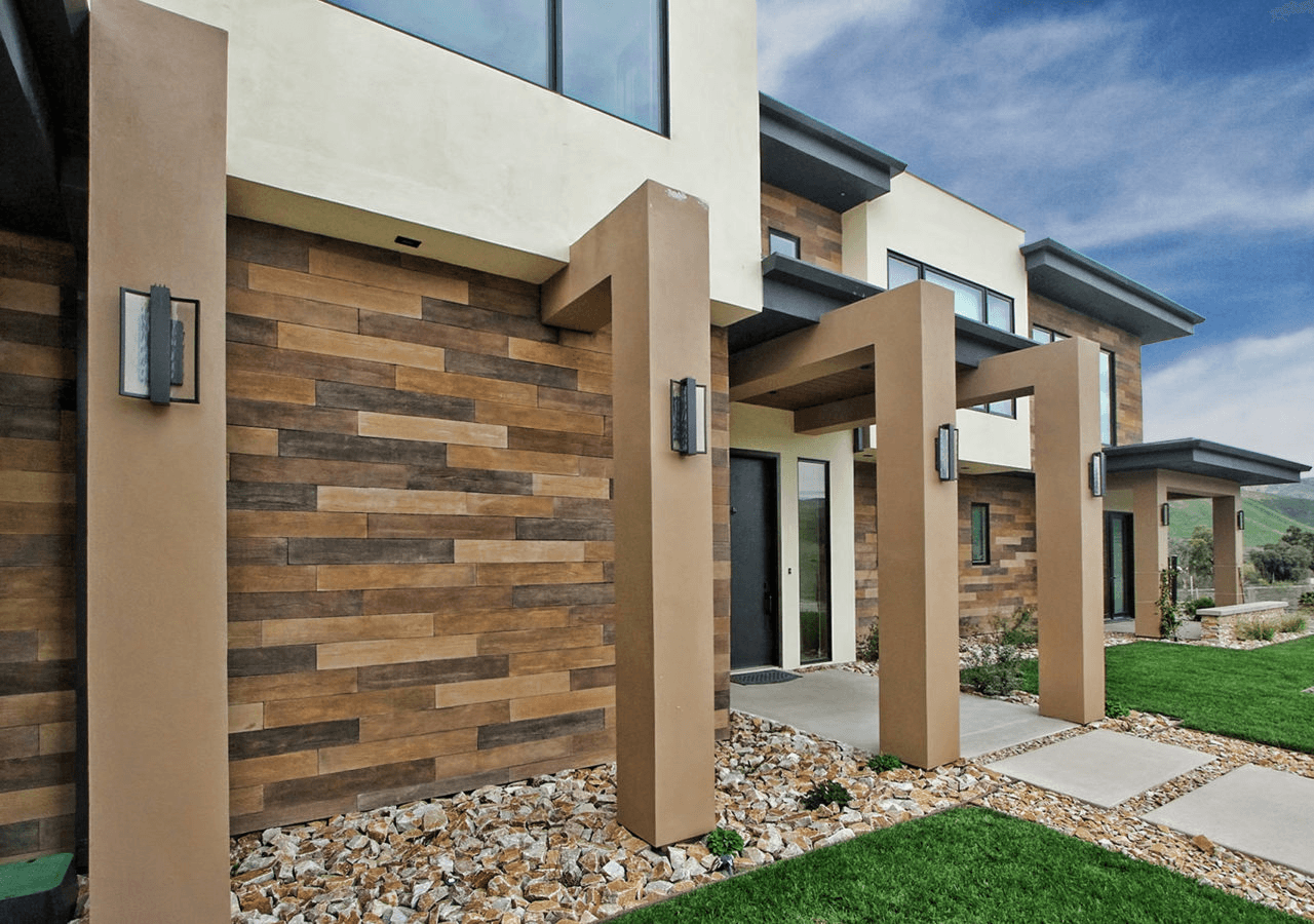 Close-up of architectural details with accent lighting highlighting the design features.