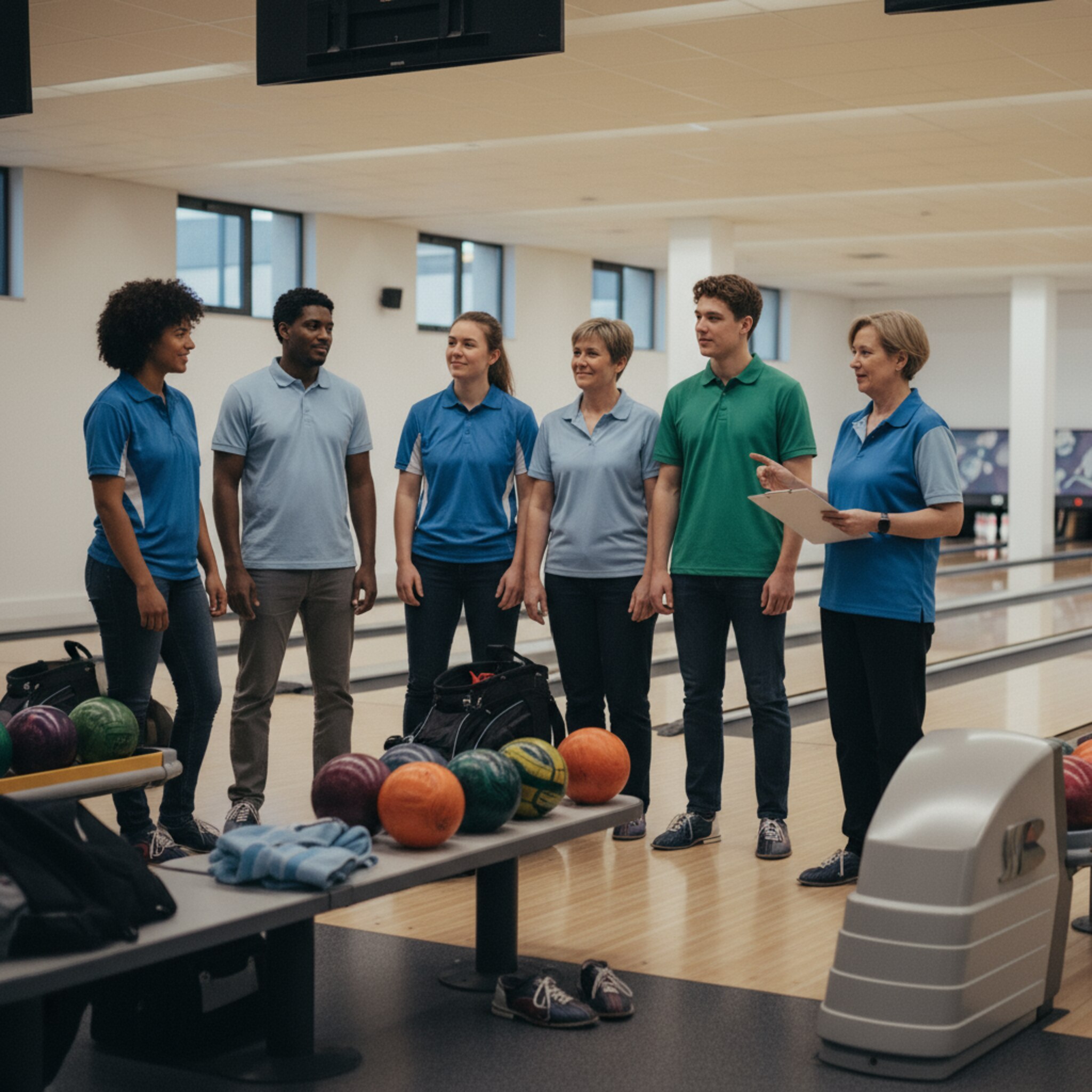 Vor Spielbeginn formieren sich zwei Teams, geben sich freundlich die Hand. Ein Organisator hält einen sauber gedruckten Spielplan und teilt Bahnen zu. Taschen mit persönlichen Kugeln stehen ordentlich nebeneinander. Die Stimmung ist sportlich und professionell.