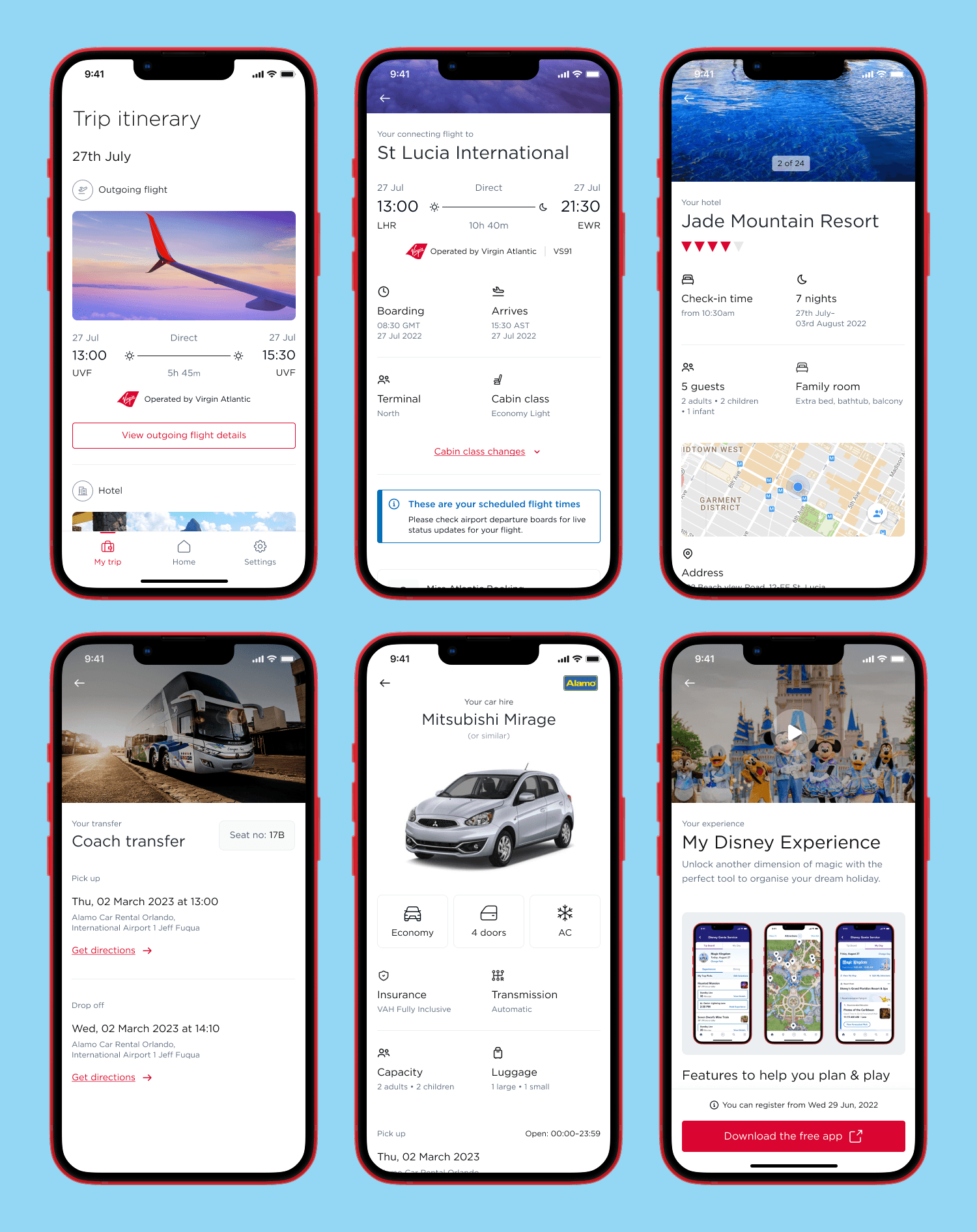 Virgin Atlantic Holidays app screens for itinerary, flight, hotel, transfer, car hire, and experience details.