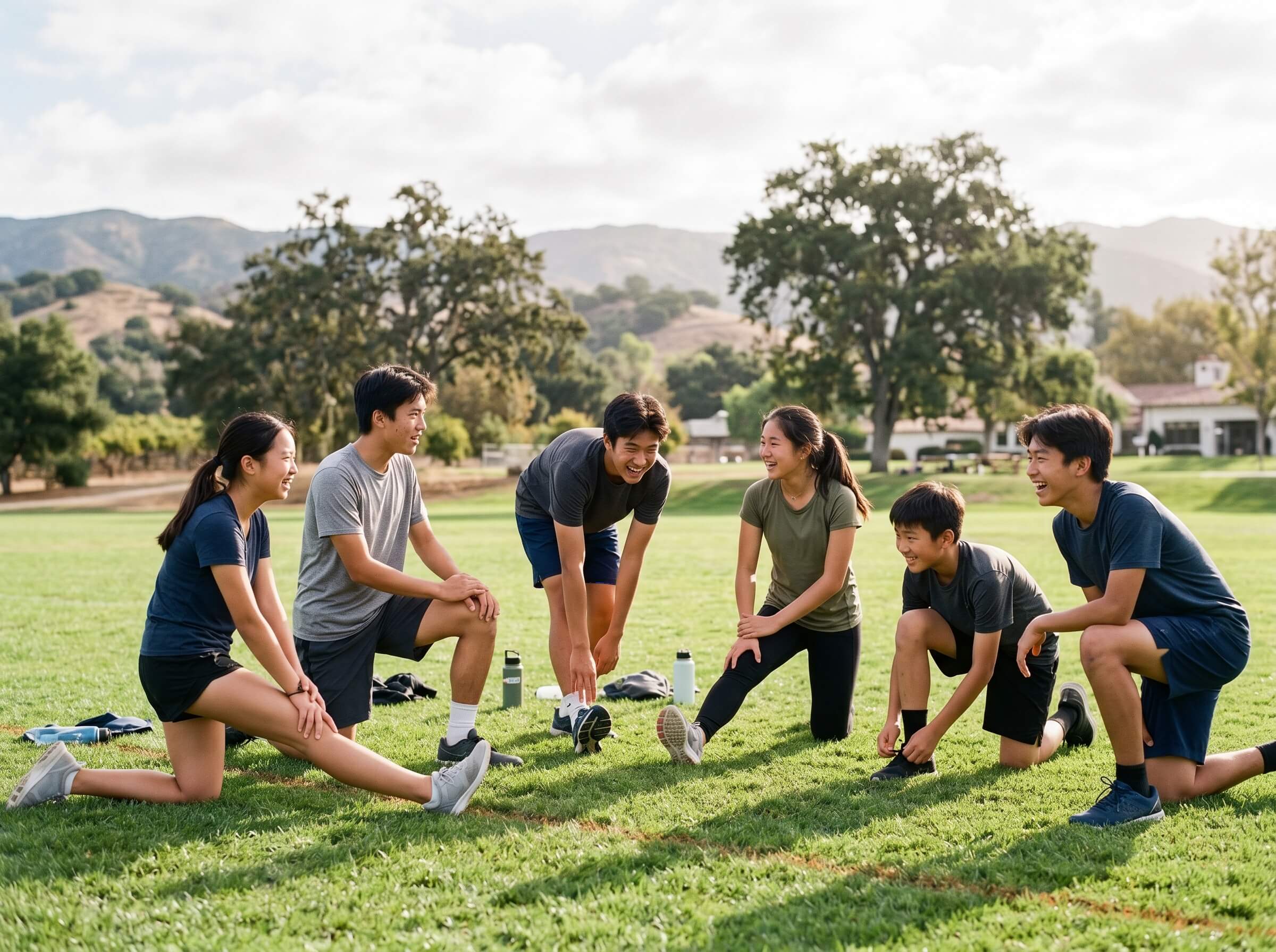 A group of people enjoy a sunny outdoor exercise session on a lush green field, stretching and smiling under a clear sky, with trees and rolling hills in the background.
