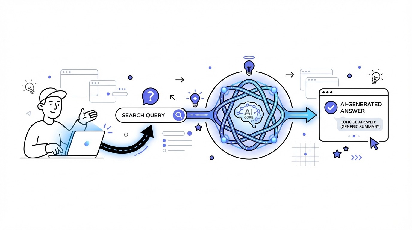 A flow diagram showing a user icon inputting a search query, which then directly flows to an AI symbol, and finally to an AI-generated answer, illustrating a bypass of traditional search results.