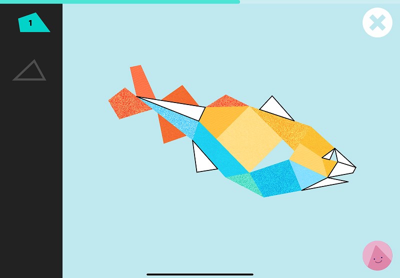 Shapes name: find triangles, quadrilaterals, and pentagons to color the fish picture