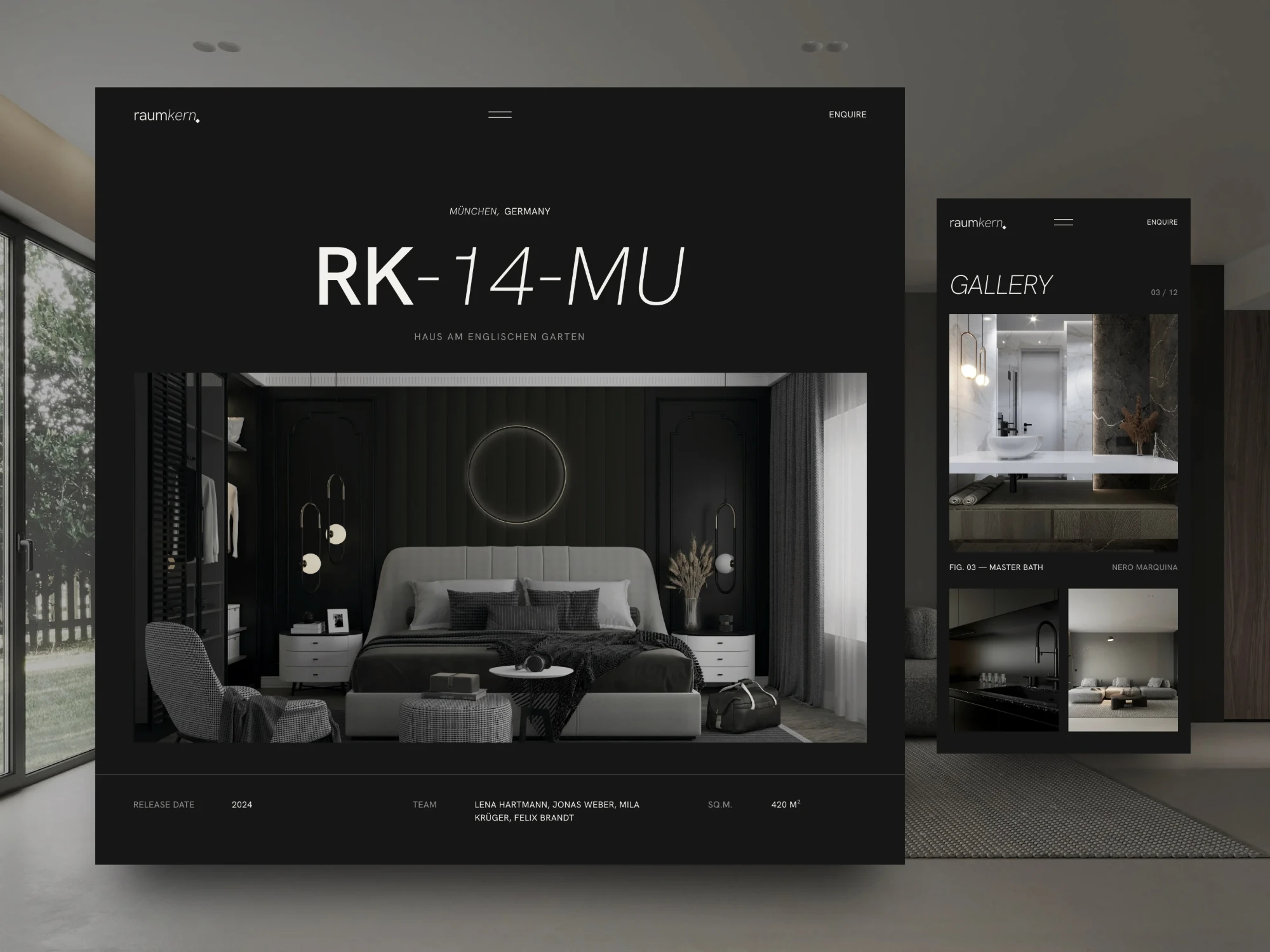 Raumkern — RK-14-MU project page on desktop and mobile.
