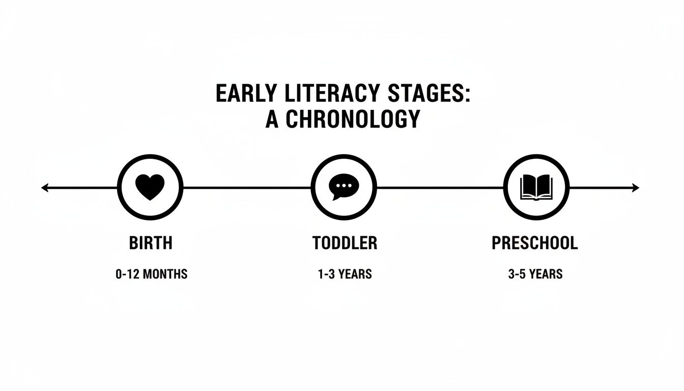 Timeline illustrating early literacy stages from birth to preschool, showing age ranges and key icons.