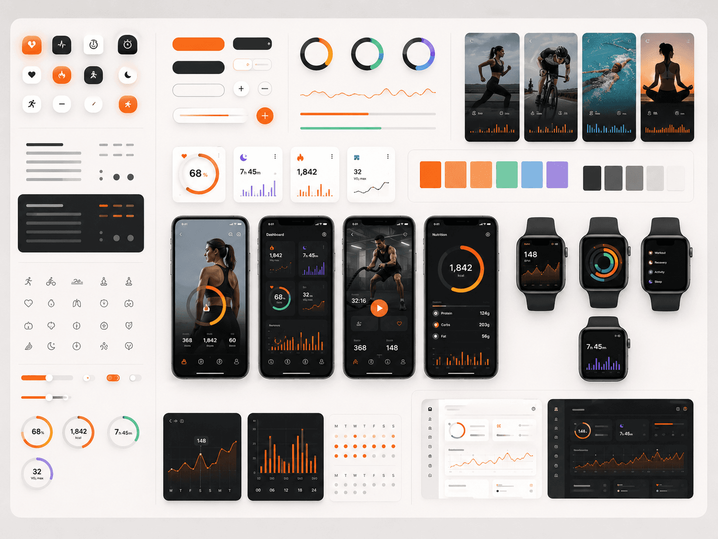 Fitness app displayed across a tablet, smartphone, and smartwatch surrounded by workout essentials including a water bottle, resistance band, yoga mat, earbuds, and notebook in a warm, naturally lit workspace.