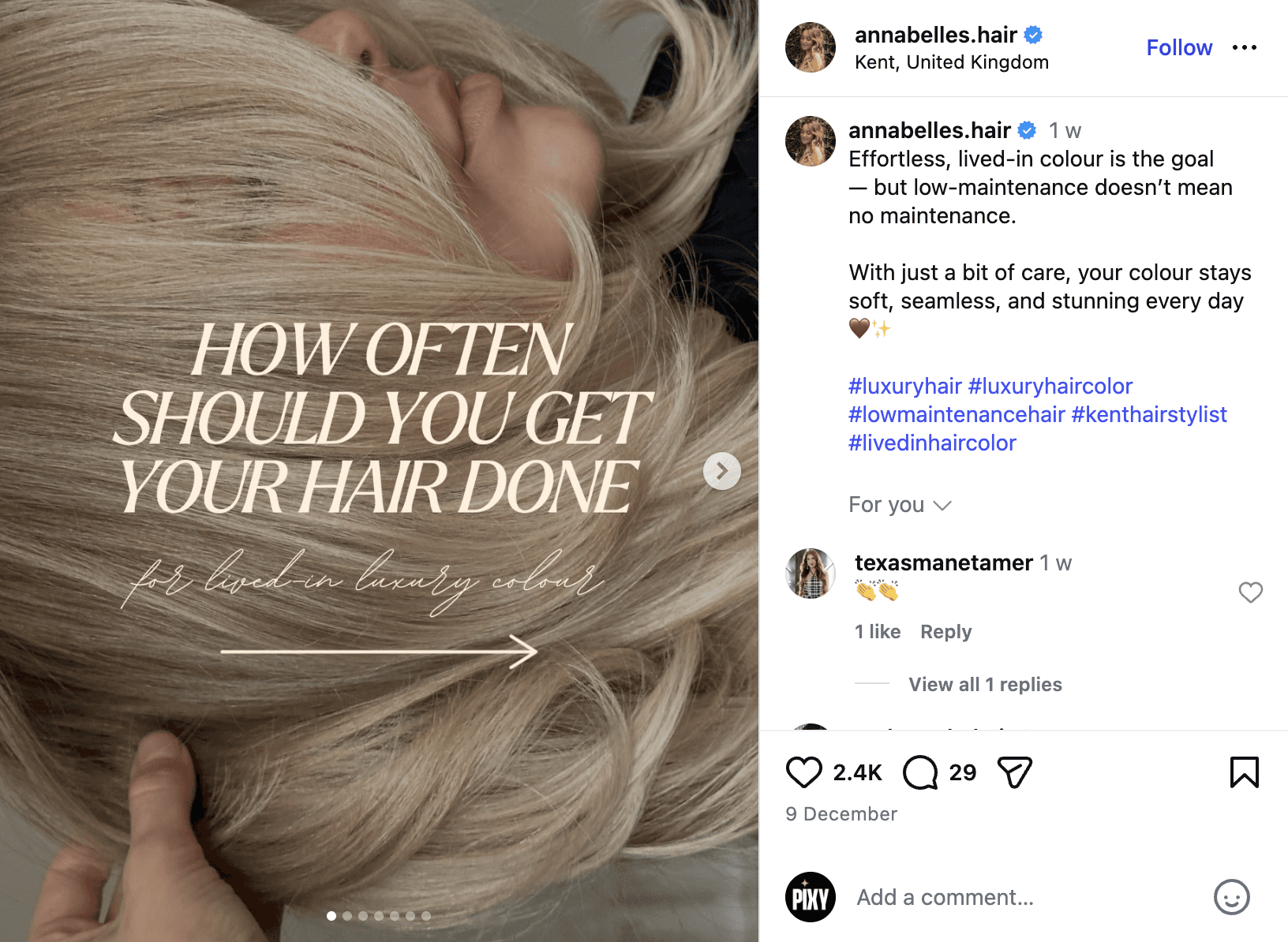 Educational post example for beauty salons