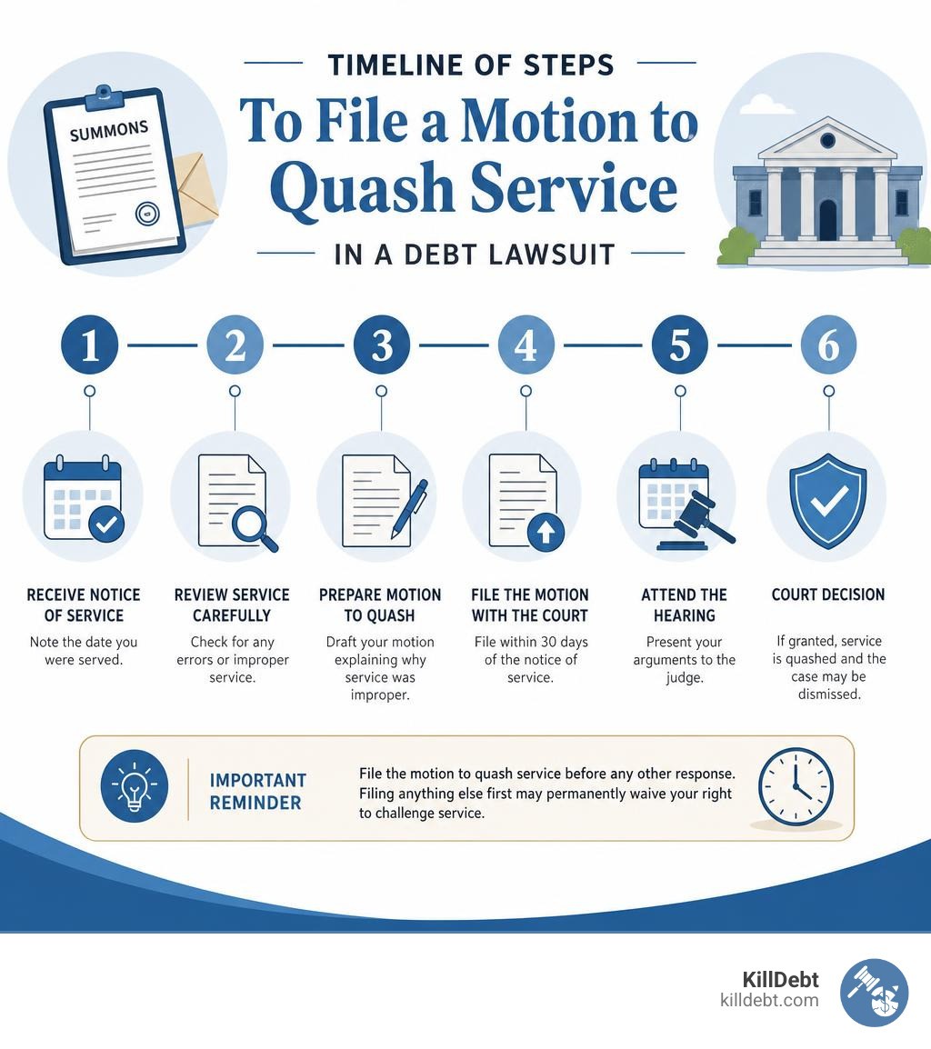 Timeline of steps to file a motion to quash service in a debt lawsuit infographic