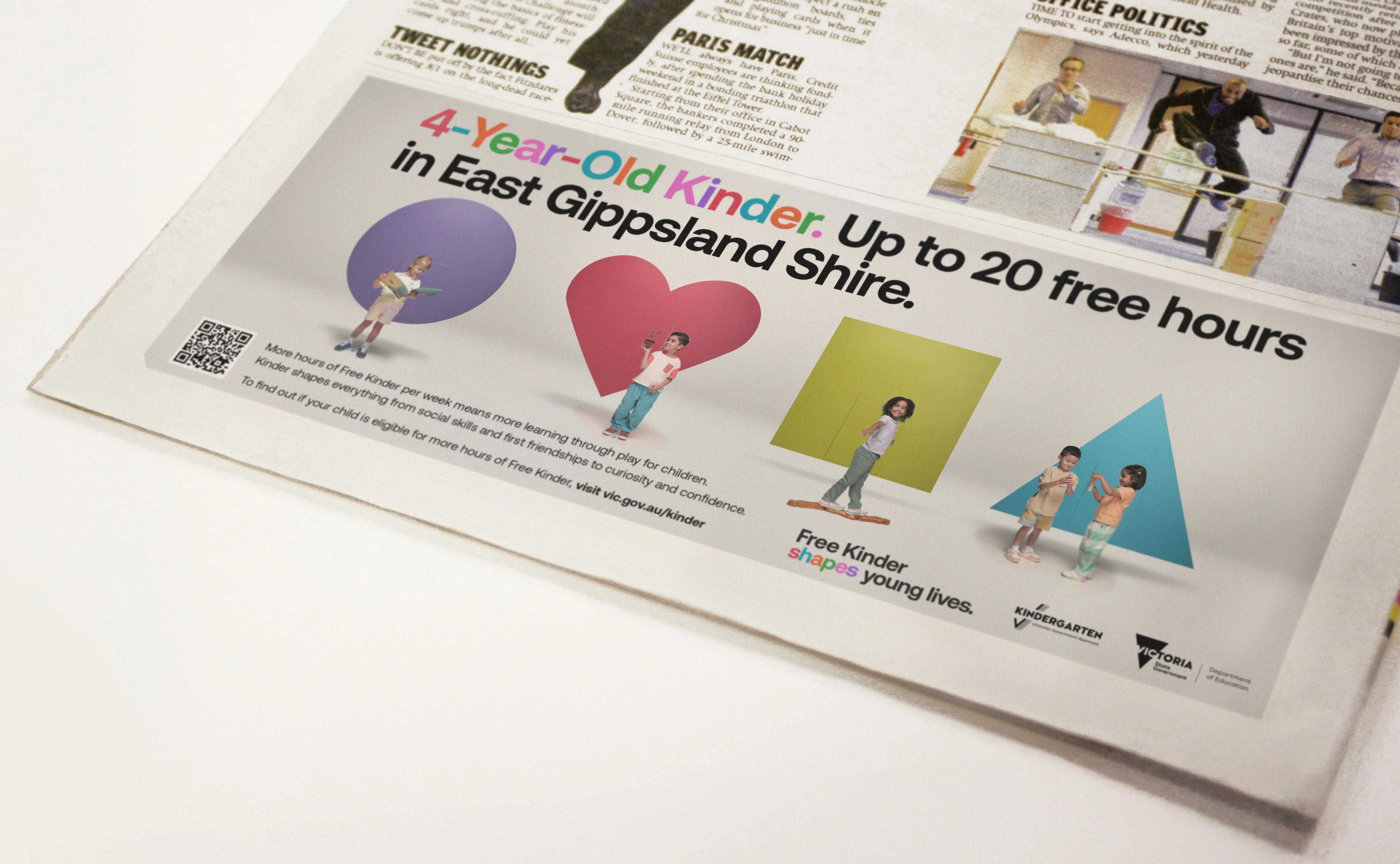 Free Kinder newspaper ad: '4-Year-Old Kinder. Up to 20 free hours in East Gippsland Shire.' with children on shapes