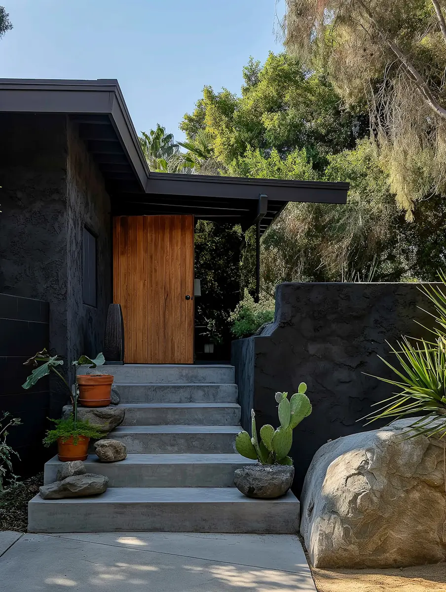 A modern house entrance featuring dark textured walls, concrete steps leading up to a vertical wood slat door, potted plants, a prickly pear cactus, and large natural rocks surrounded by lush green trees.