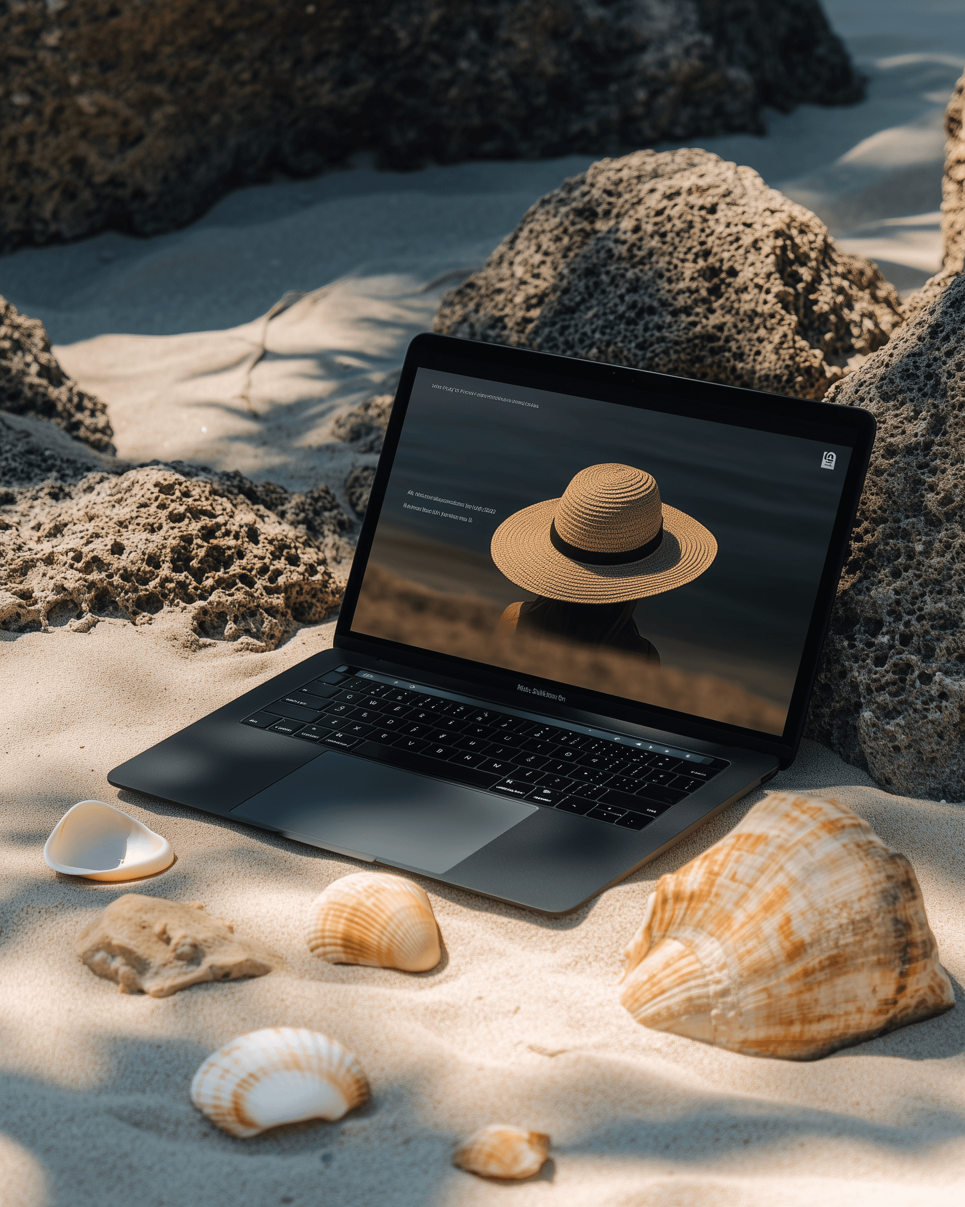 A black laptop on a sandy beach surrounded by seashells and rocks, blending technology with a serene, natural coastal vibe.