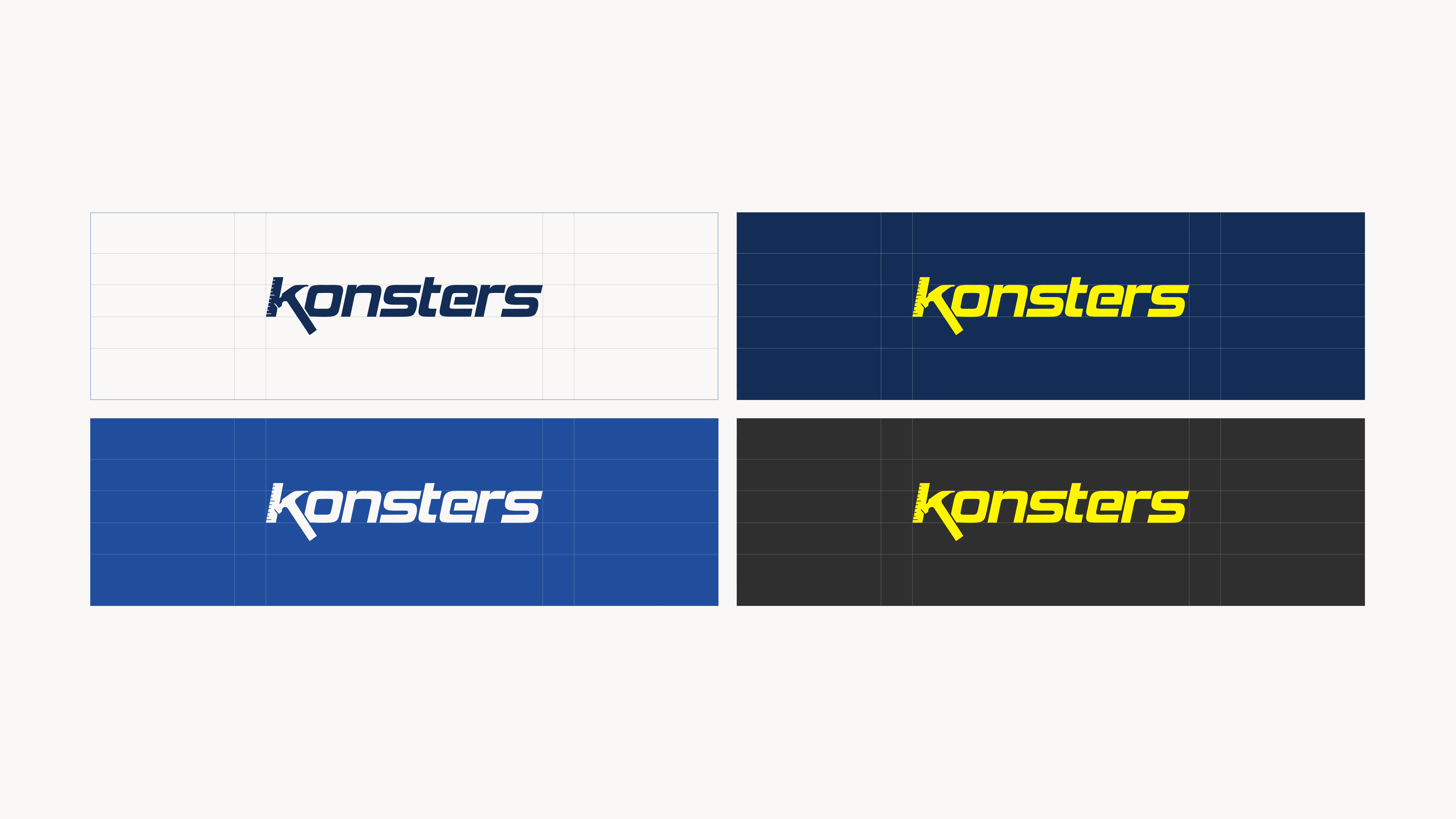 Konsters logo in four different color variation. Blue on white, neon yellow on blue, white on blue and neon yellow on black