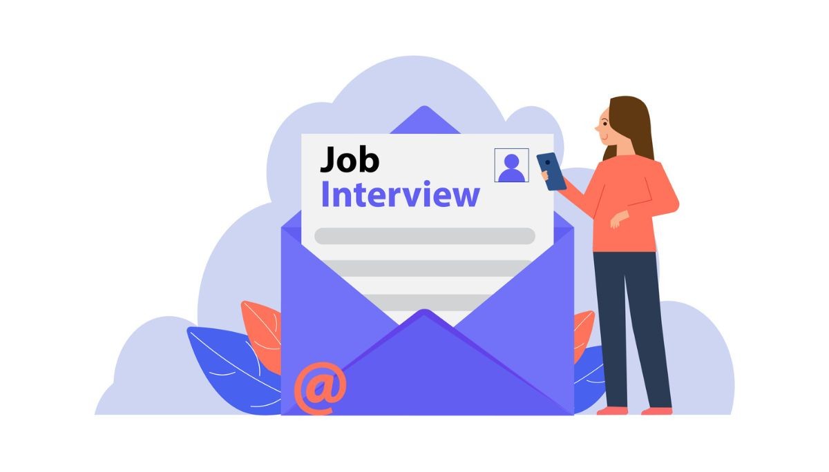 Illustration of a person reading a large “Job Interview” letter emerging from an oversized envelope, symbolizing receiving and responding to an interview request in a professional hiring process.