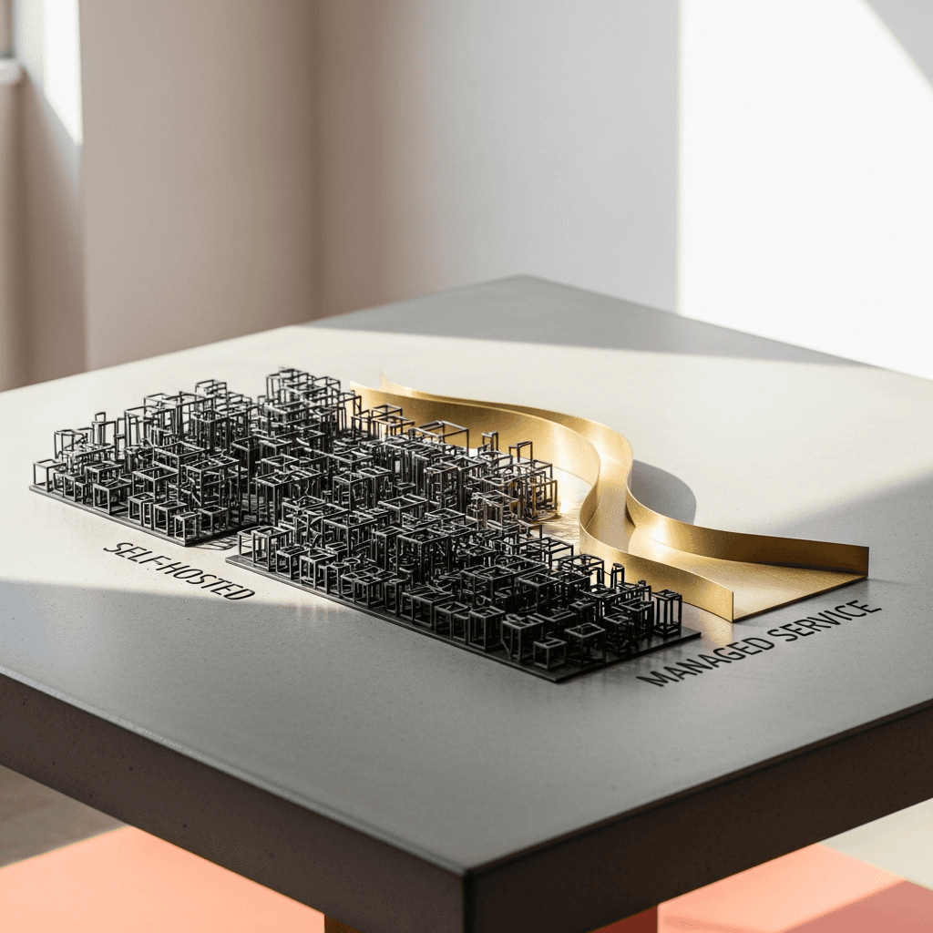 Editorial photograph of a minimalist architectural model on a large concrete table. The model depicts two distinct data pathways. One path is complex, with many small, intricate components made of dark metal (#20242B), representing a self-hosted system. The other path is a single, clean, streamlined form made of brushed brass (#E76F51), representing a managed service. The scene is lit by soft, natural studio light. The background is a clean, out-of-focus studio wall in a soft off-white (#F5F2EC). Aspect ratio 16:9. Photorealistic, clean, and strategic. Avoid: neon glow, holograms, floating digital brains, circuit overlays, futuristic cityscapes, text on image, logos, watermarks.