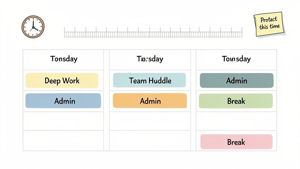 A time-blocked schedule showing tasks like Deep Work, Admin, Team Huddle, and Breaks, with a 'Protect this time' note.