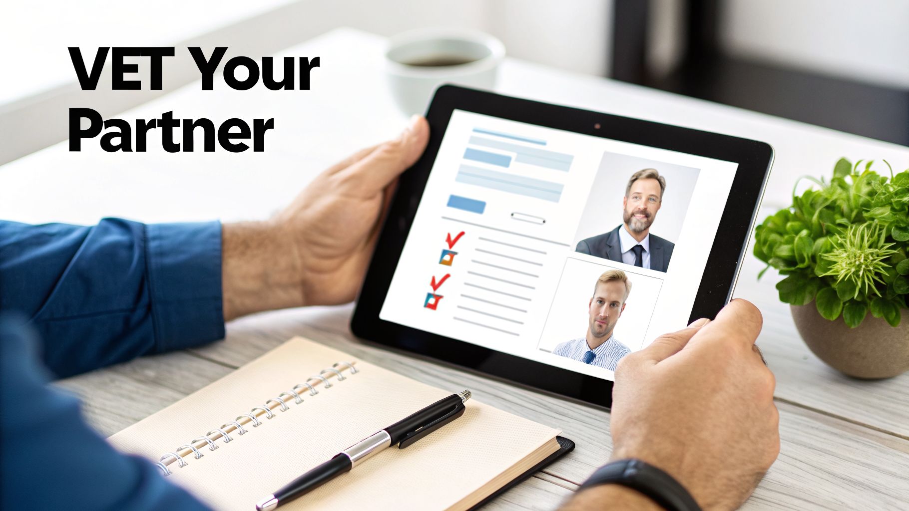 Hands holding a tablet displaying profiles and a checklist, with 'VET Your Partner' text.