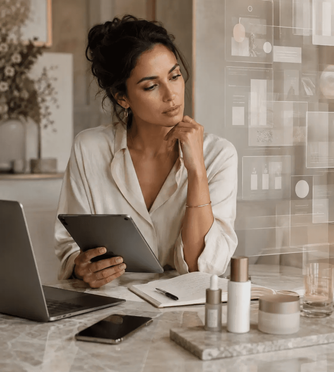 Mulher adulta usando um tablet ao lado de um notebook e produtos de skincare, com informações digitais sobrepostas.