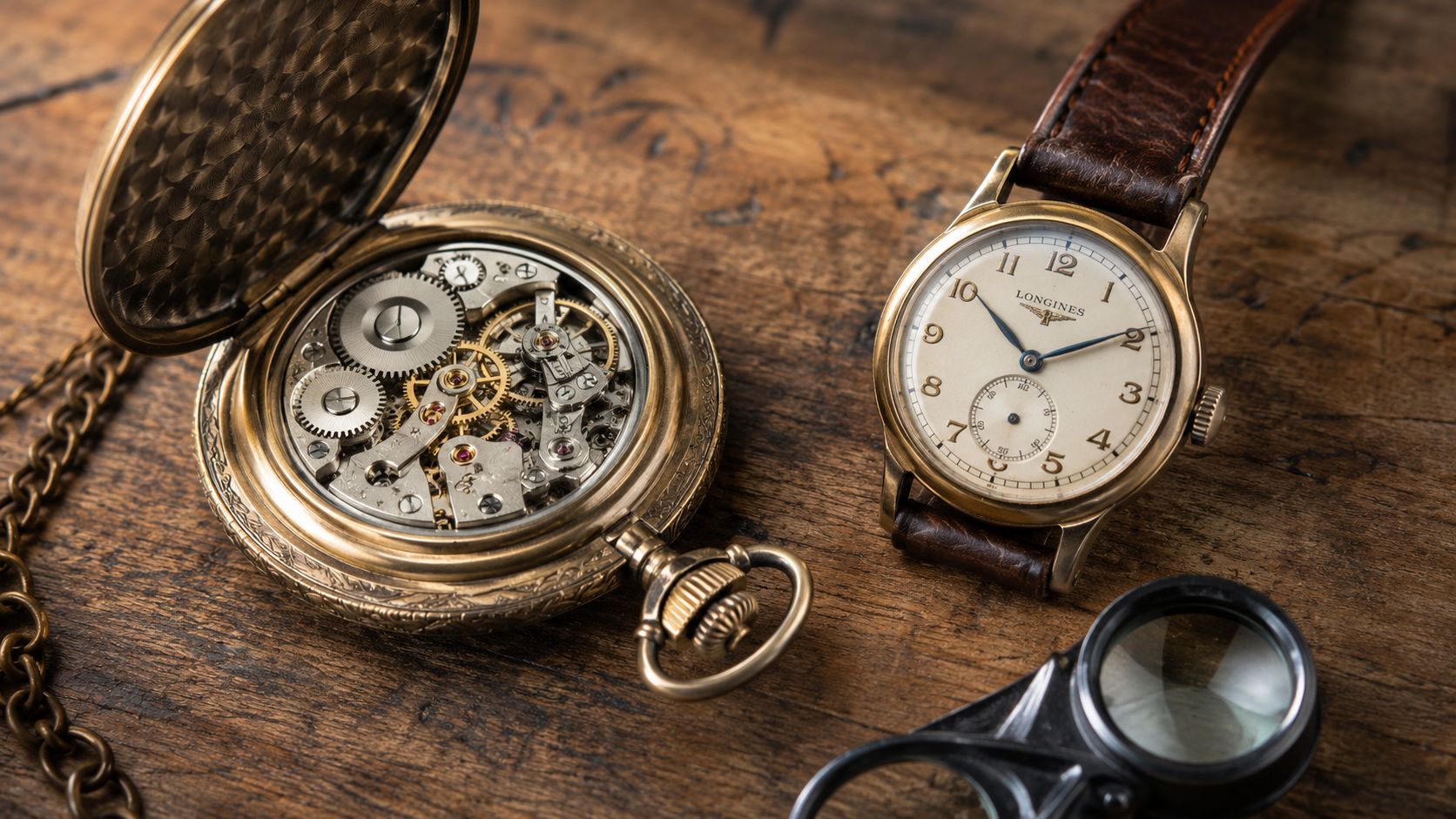 A vintage pocket watch with an exposed movement resting beside a classic Longines wristwatch on a wooden table.