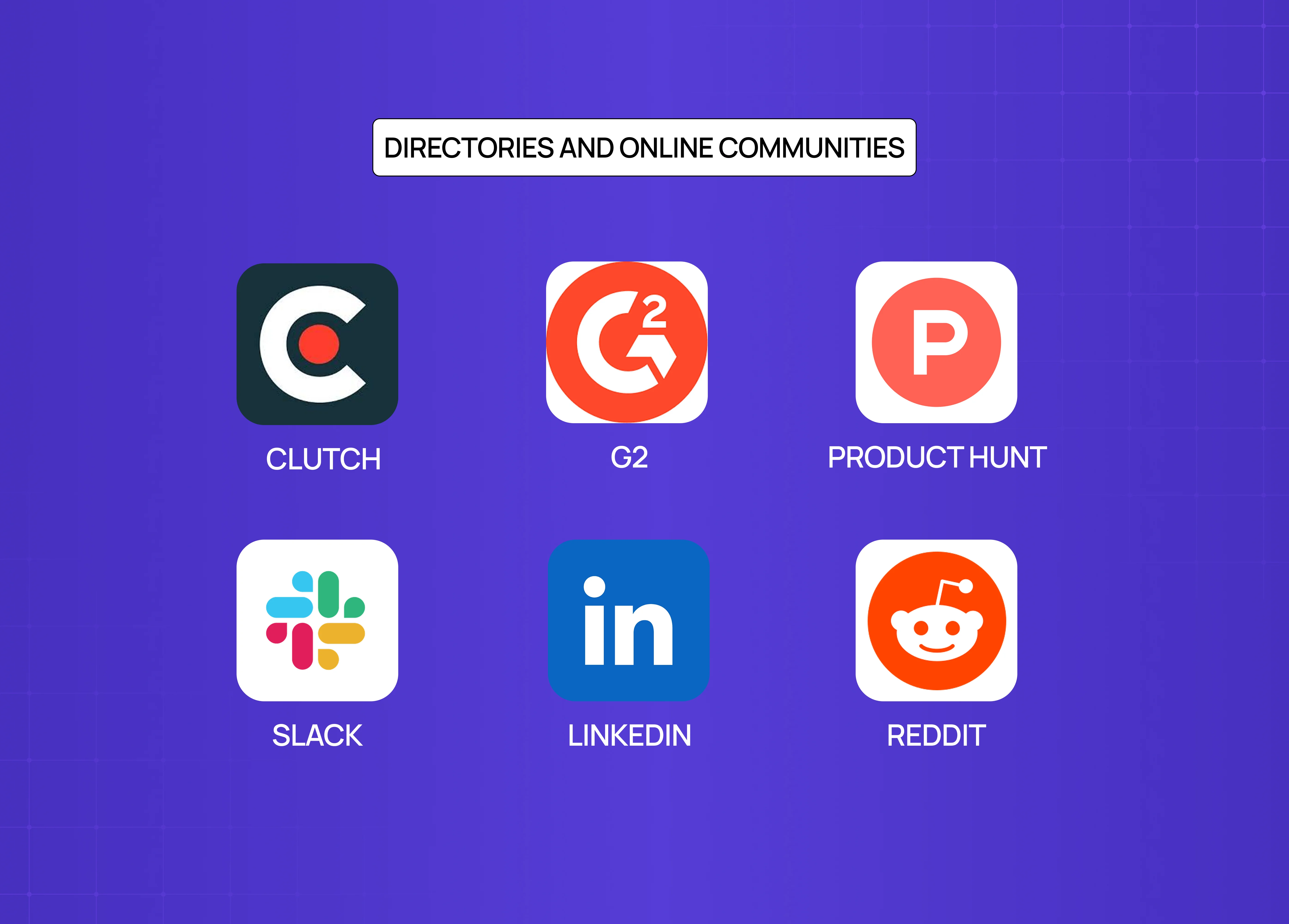Logos of popular online communities and business directories including Clutch, G2, Product Hunt, Slack, LinkedIn, and Reddit.
