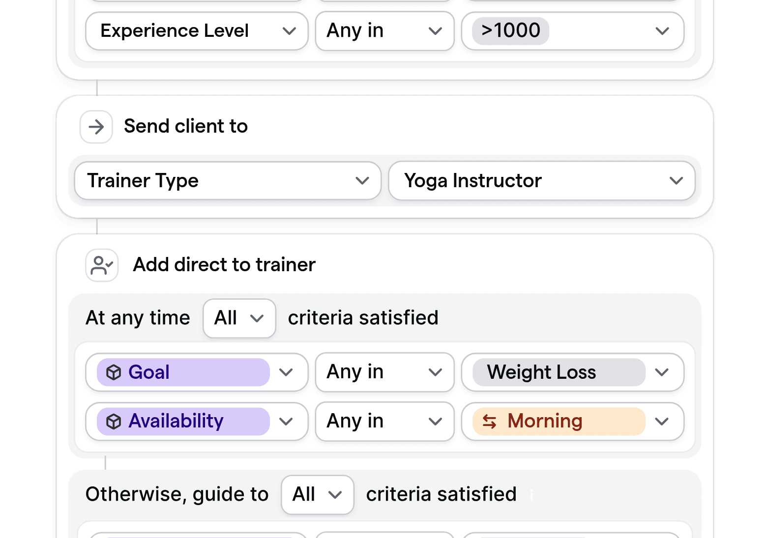 Customizable routing logic for matching clients to trainers based on fitness goals and preferences.
