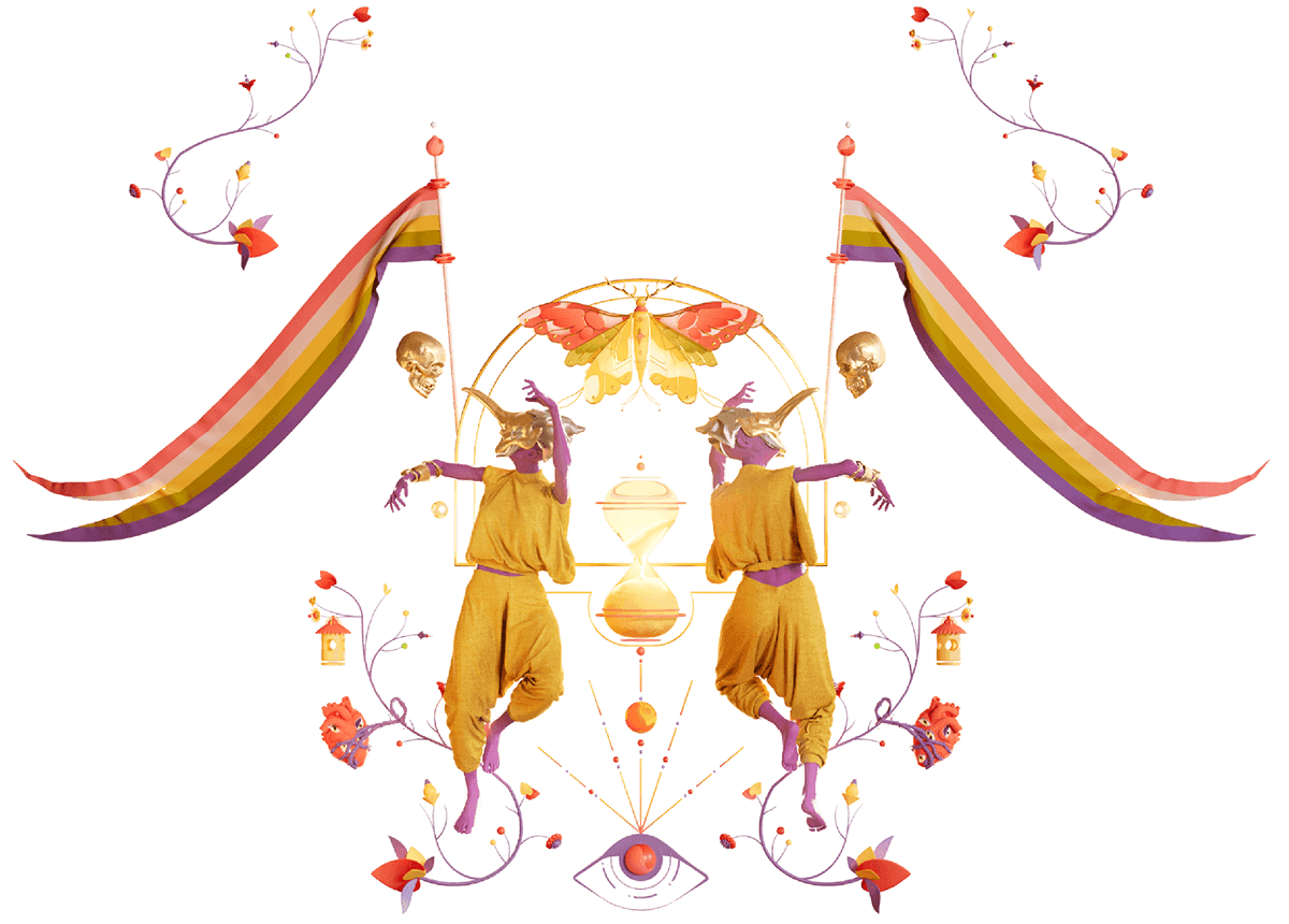 Composition graphique avec des personnages masqués, des crânes et des drapeaux arc-en-ciel symétriques.