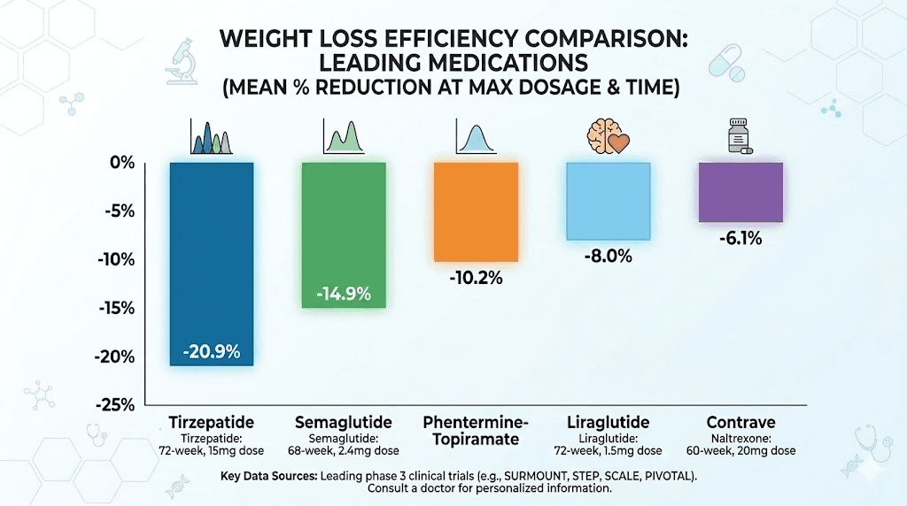 Tirzepatide alternatives weight loss comparison chart by medication type