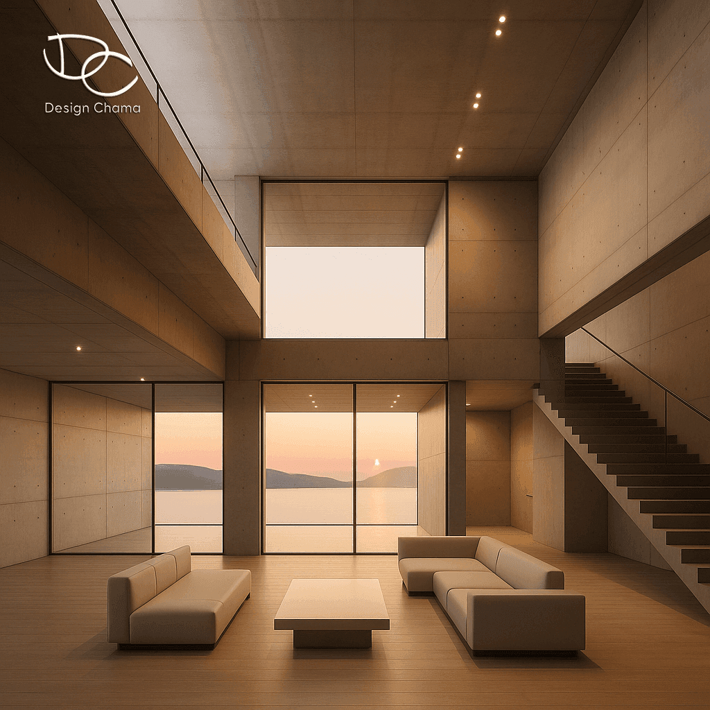 Σύγχρονος διώροφος αρχιτεκτονικός εσωτερικός χώρος με μεγάλες γυάλινες επιφάνειες, minimal ultra-modern έπιπλα και ζεστό φωτισμό στο ηλιοβασίλεμα.