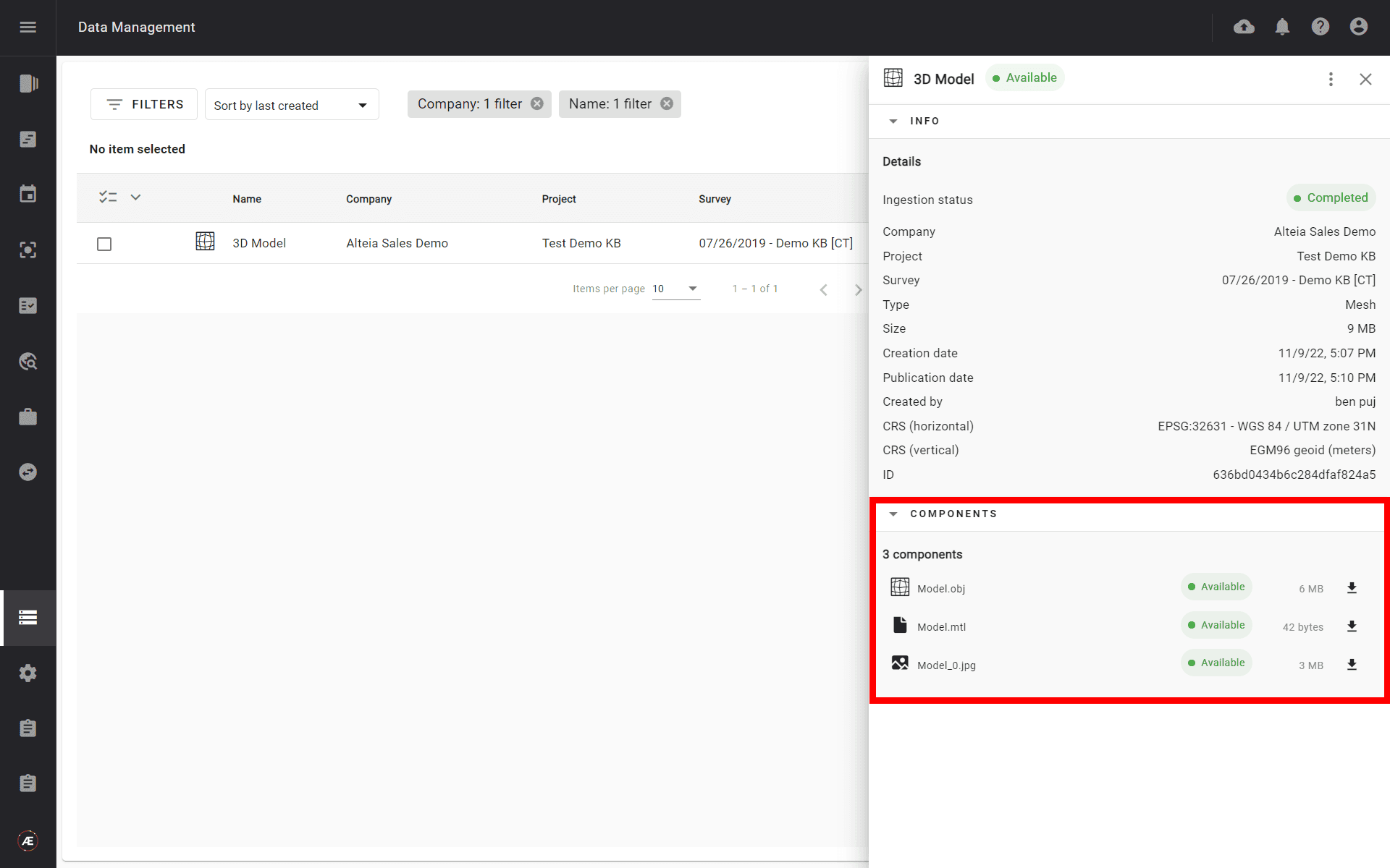 View of an information window displaying the components of the file.