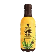 Garrafa amarela do Forever Aloe Vera Gel, bebida de suco de babosa puro para saúde digestiva e imunidade.