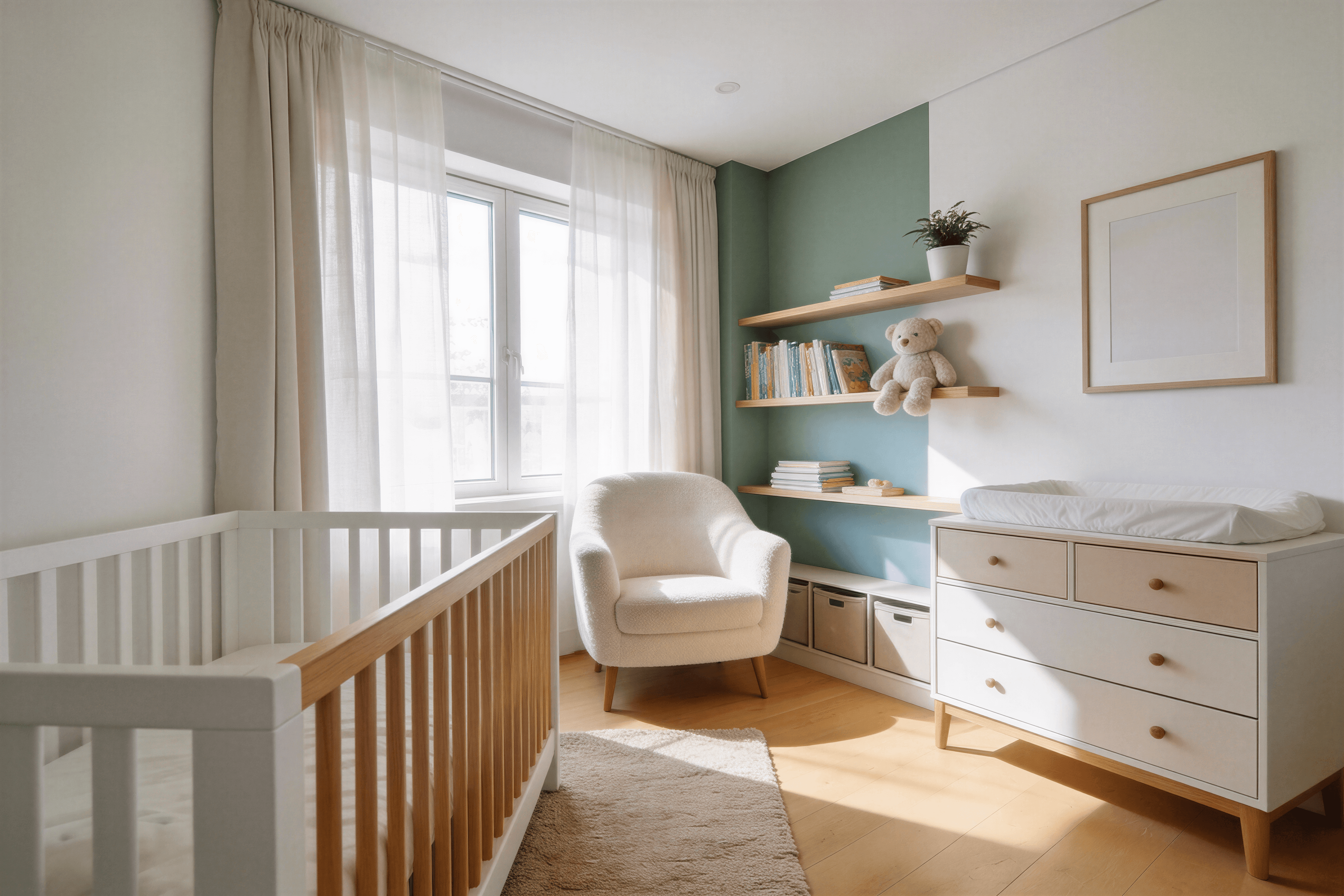 Cameră de bebe luminoasă, pătuț alb, comodă și colț de alăptare, accente verde mentă.