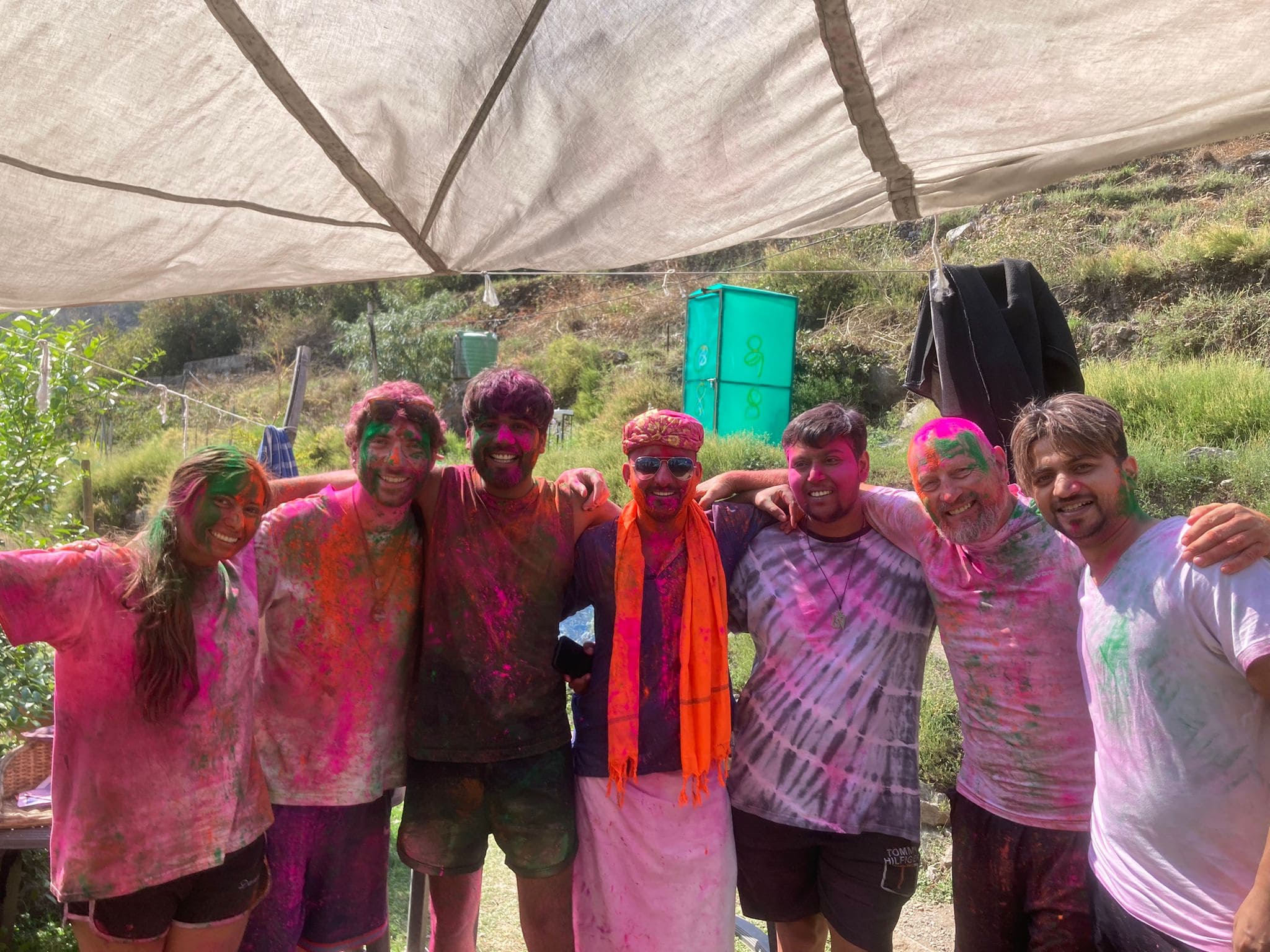 Pit, Gabriela and friends colored during Holi festival of colors in Rishikesh, India