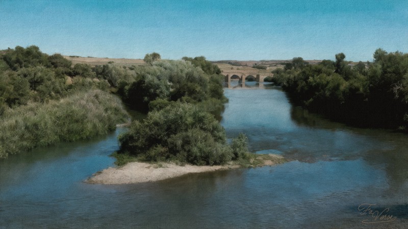 Sacred artwork by Faith and Verse.Sacred artwork by Faith and Verse. © Faith and Verse, 2026. All rights reserved. The Guadalquivir river near Córdoba, al-Andalus, 859, with a Roman bridge visible in the distance.