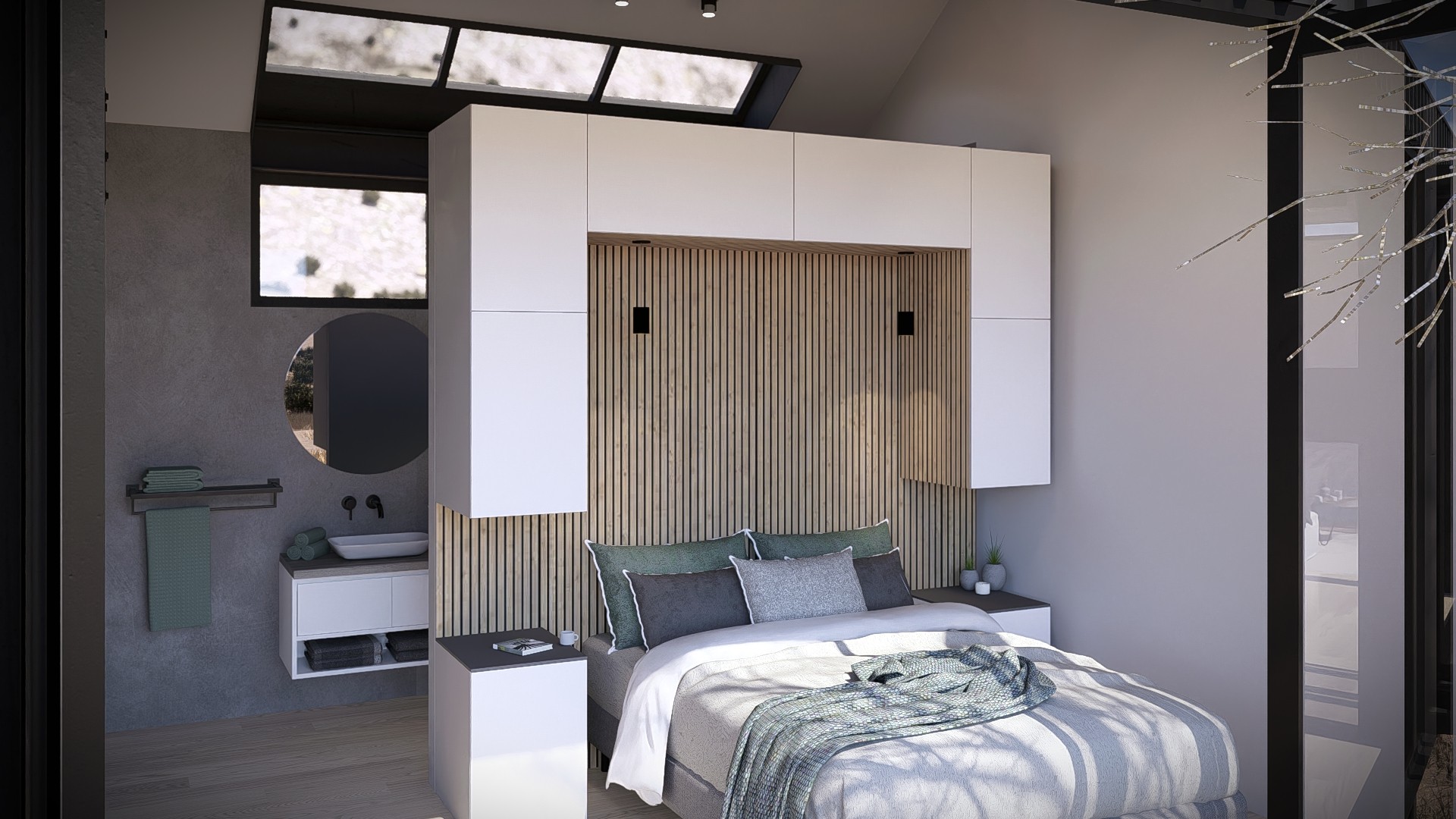 Bedroom with built-in wardrobes and skylight window