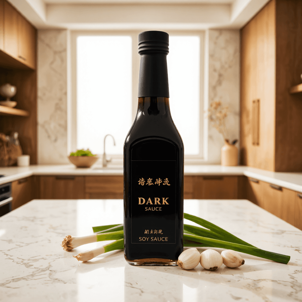 product photography of a bottle of dark soy sauce, used for cooking and seasoning