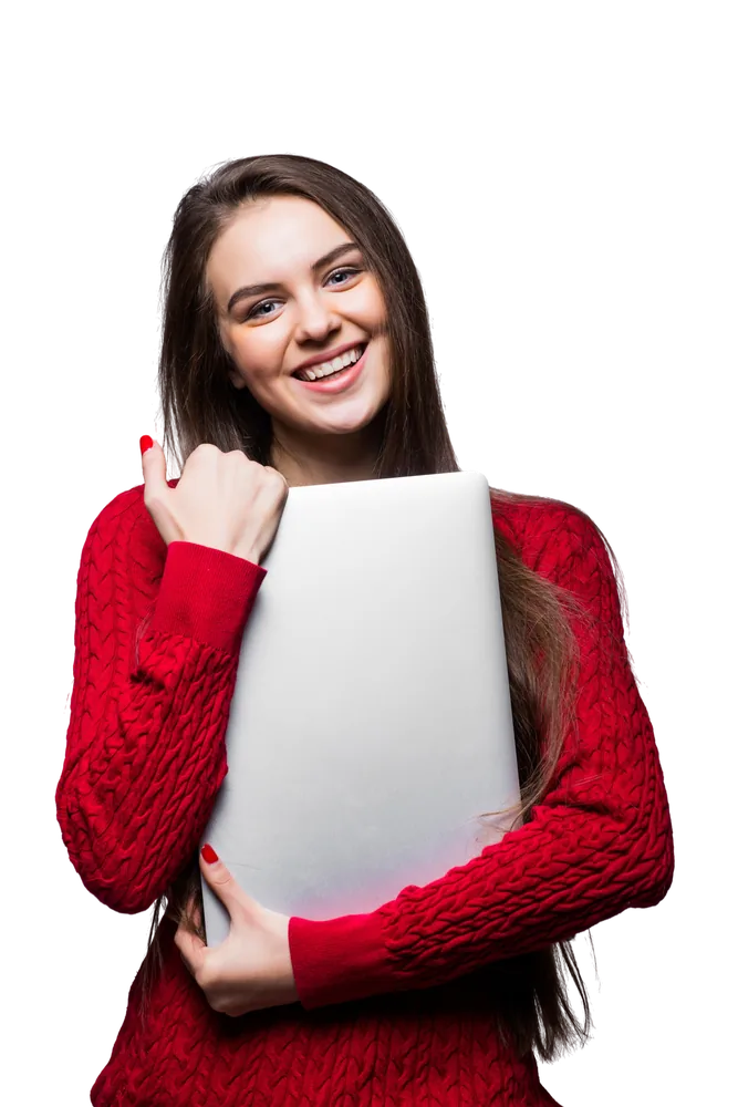 Employee hugging her laptop