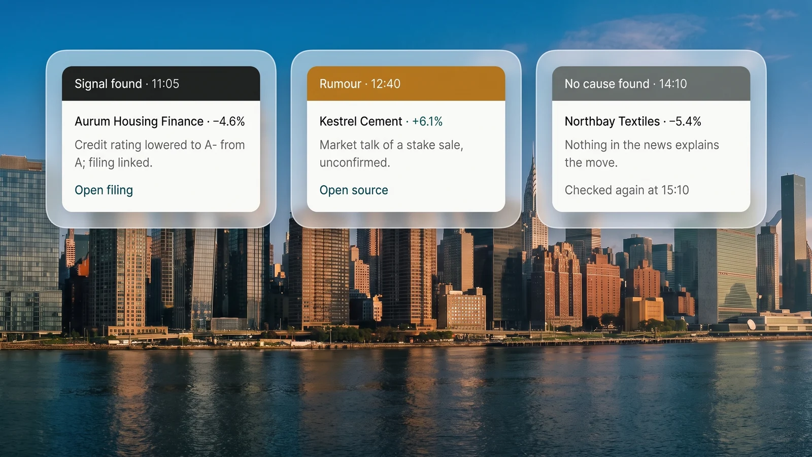 Three price alerts: one with its cause, one marked as rumour, and one saying plainly that no cause was found