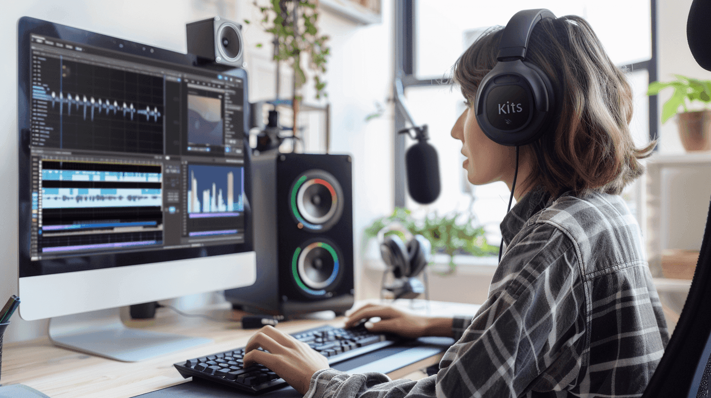 Woman sitting in front of a desk with audio engineering software open on her computer