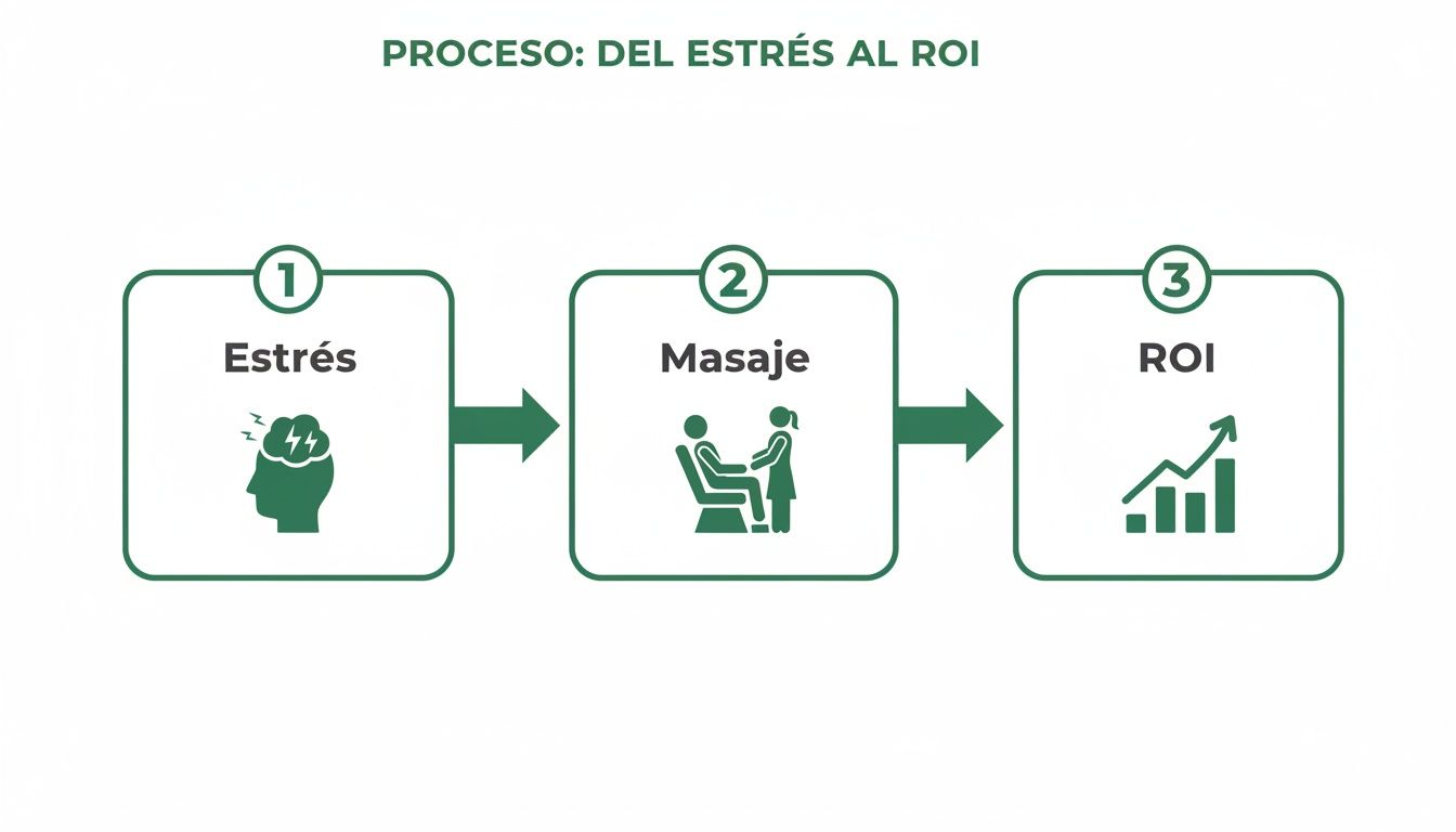 Diagrama que ilustra el proceso de transformar el estrés en retorno de inversión mediante un masaje.